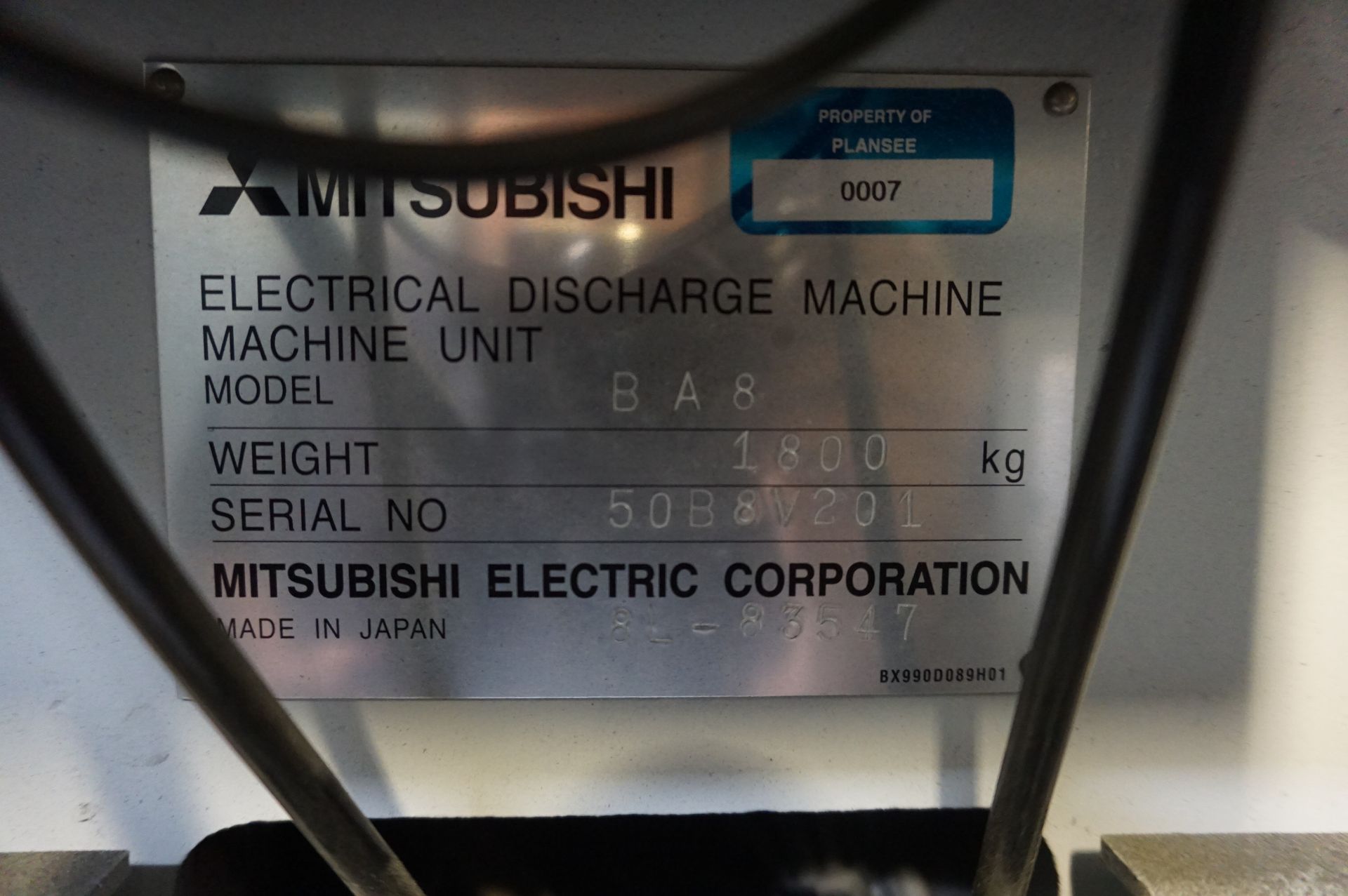 2007 MITSUBISHI MD+PROII WIRE ELECTRICAL DISCHARGE MACHINE MODEL BA8, WEIGHT 1800KG, S/N 50B8V201, - Image 9 of 10