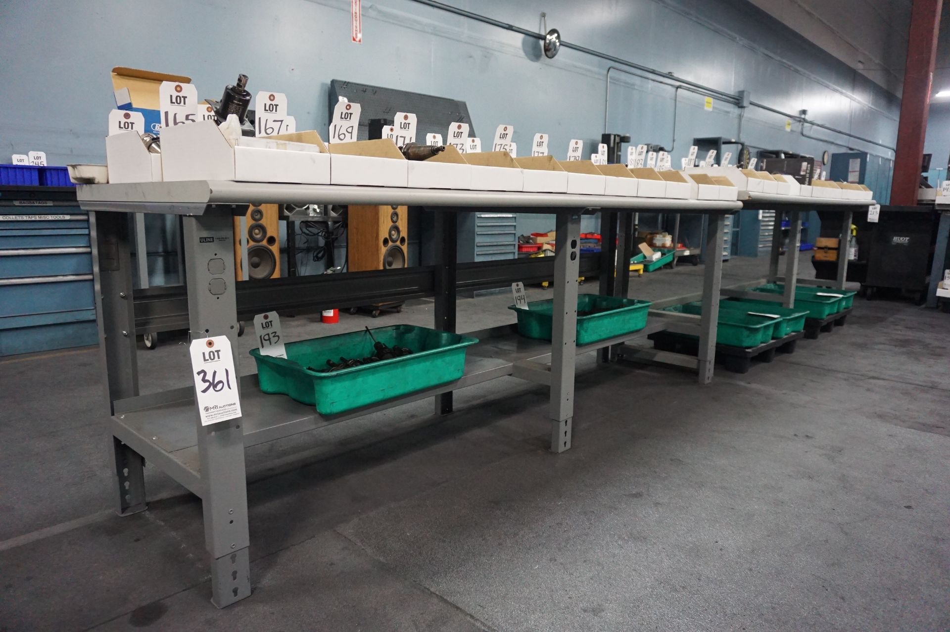 LOT TO INCLUDE: (2) U-LINE ADJUSTABLE HEIGHT SHIPPING TABLES, STEEL LEGS, WOOD TOP, DIM 8' X 30"