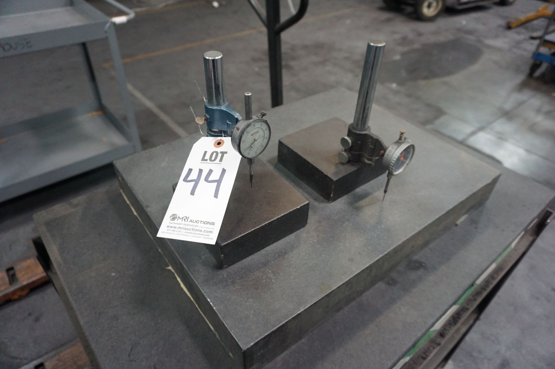 LOT TO INCLUDE: (1) GRANITE SURFACE PLATE 18" X 24", (2) GRANITE INDICATOR STANDS 6" X 6", WITH (