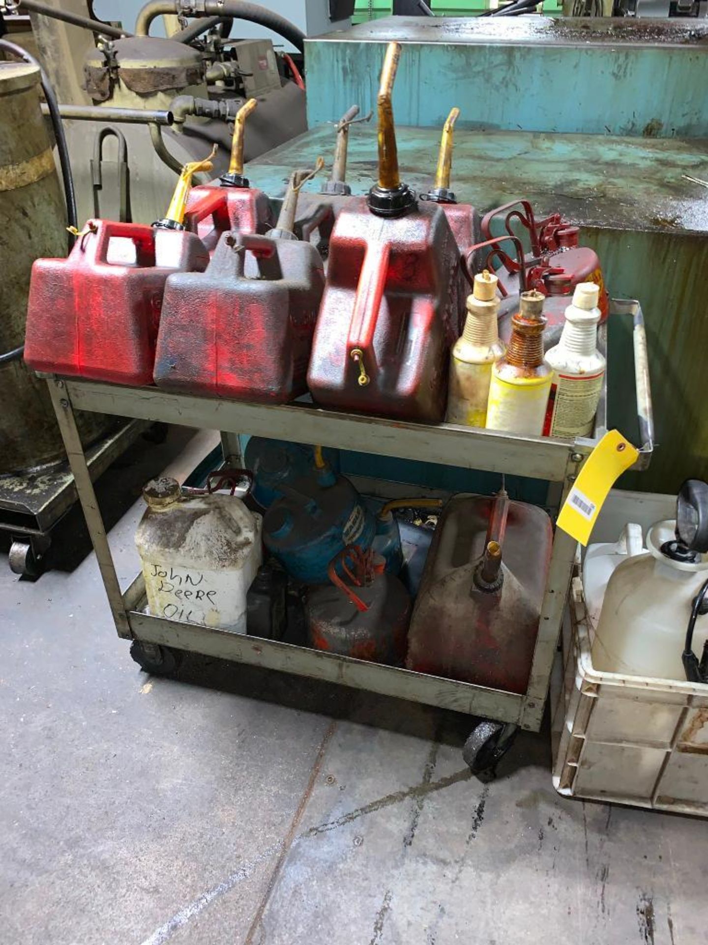 CART W/SAFETY CANS, MOP BUCKETS, SPRAYER, TOTE