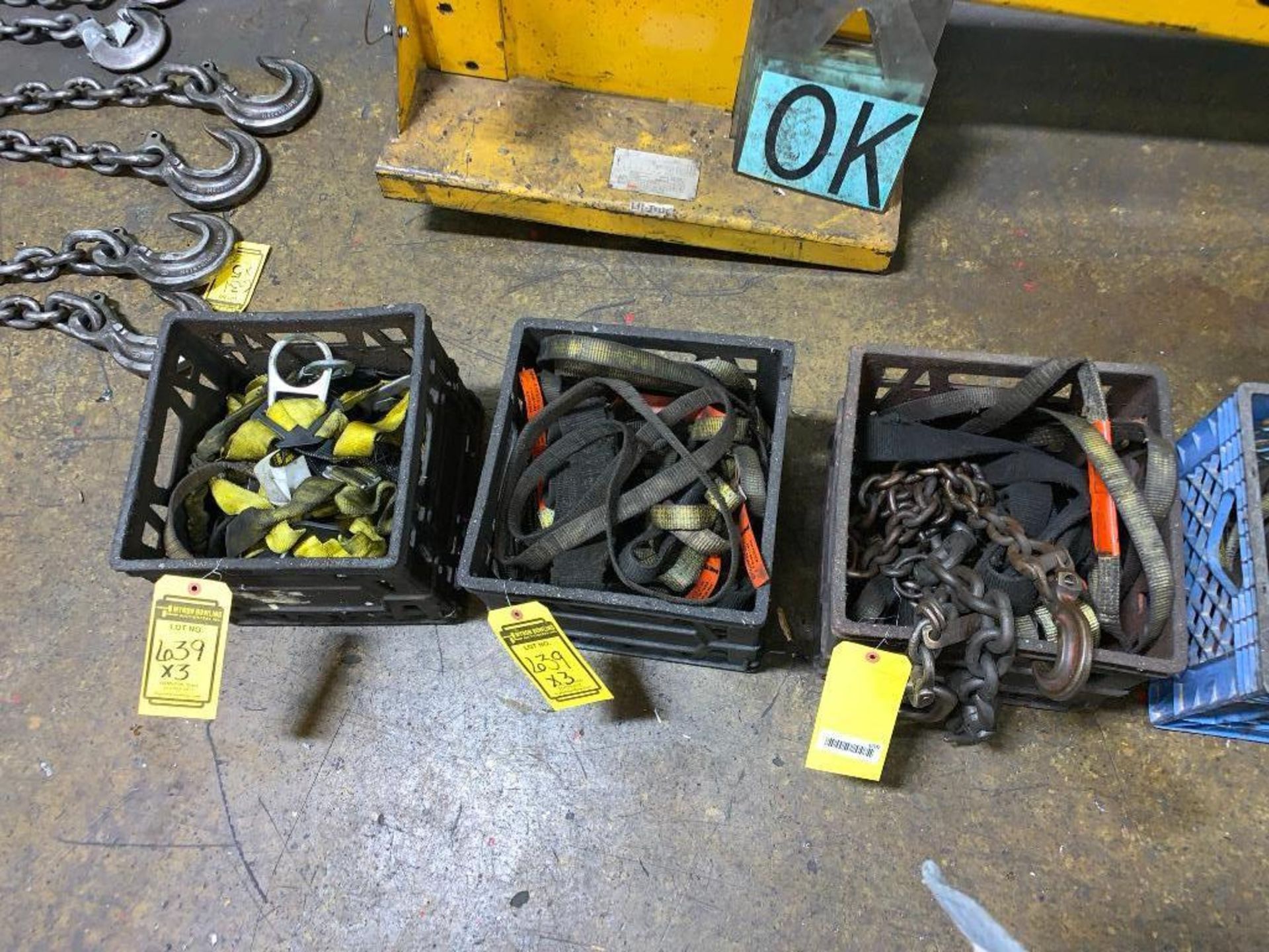 (3) CRATES W/ ASSORTED CHAINS, NYLON SLINGS, SAFETY HARNESS