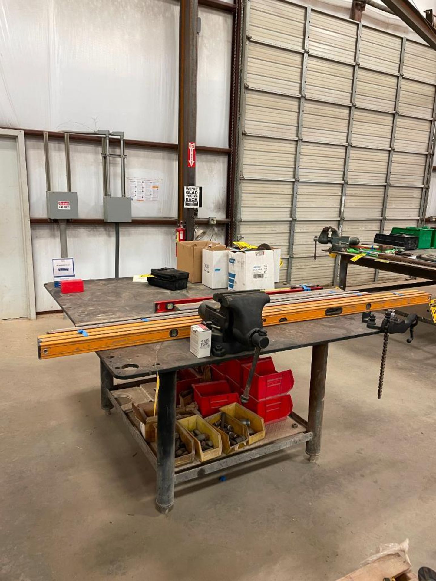 STEEL WELDING TABLE, 66'' X 72'' X 7/16'', PIPE VISE, 8'' BENCH VISE,