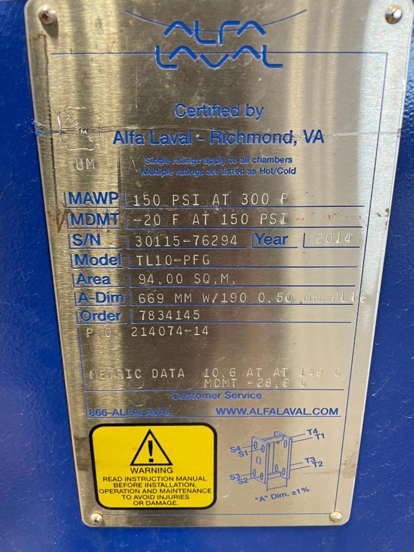 NEW 2014 ALPHA LAVAL HEAT EXCHANGER, MODEL TL10-PFG, S/N 30115-76294, MAWP 150 PSI AT 300 DEG. F, MD - Image 3 of 3