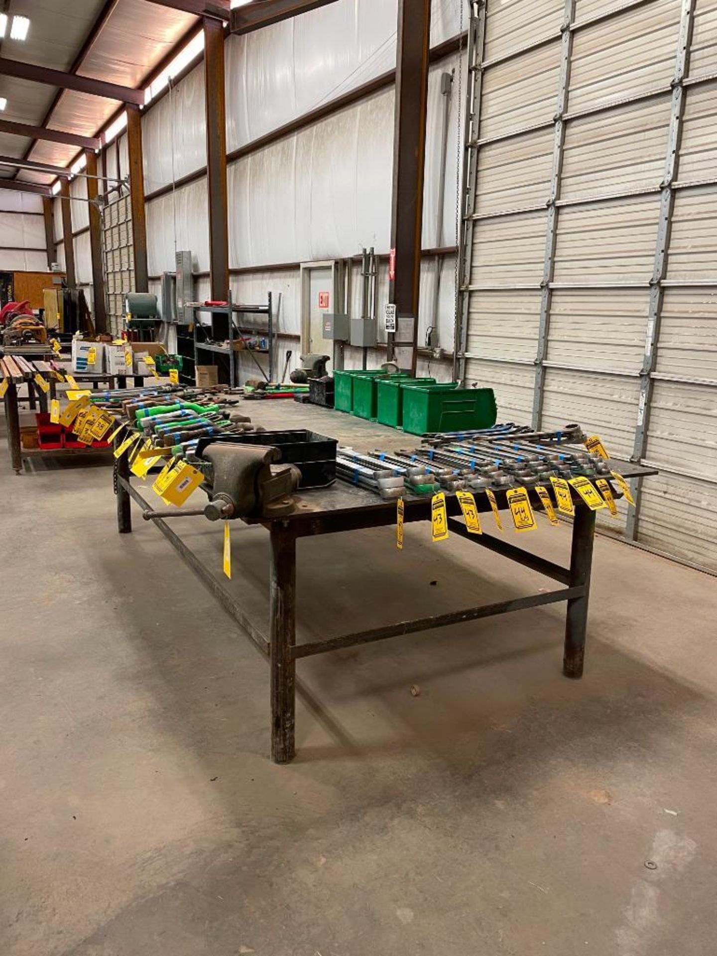 STEEL WELDING TABLE, 11' X 6' X 7/16'', (2) 8'' BENCH BUSES