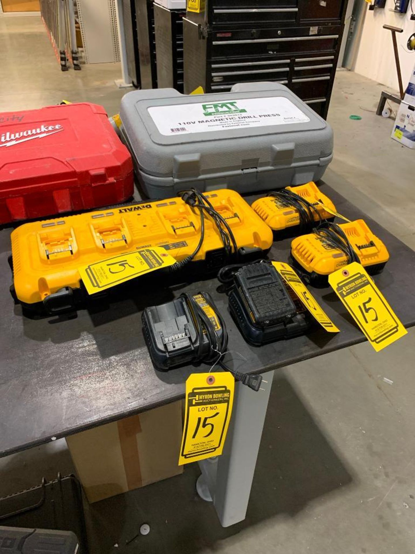 DEWALT FAST CHARGER BANK, (4) ASSORTED DEWALT CHARGERS