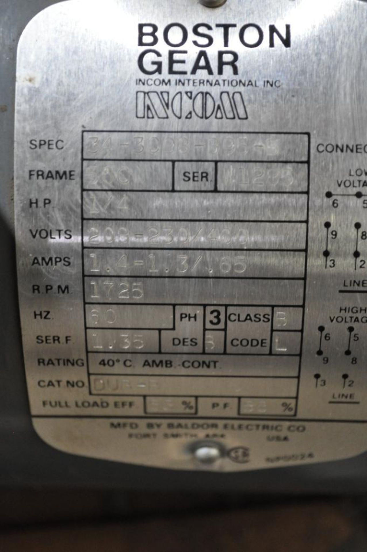 (4) (NIB) BOSTON GEAR 1/4 HP, CAT NO. DUB-B, 208-230/460 V, 1,725 RPM, FRAME 56C - Image 2 of 3