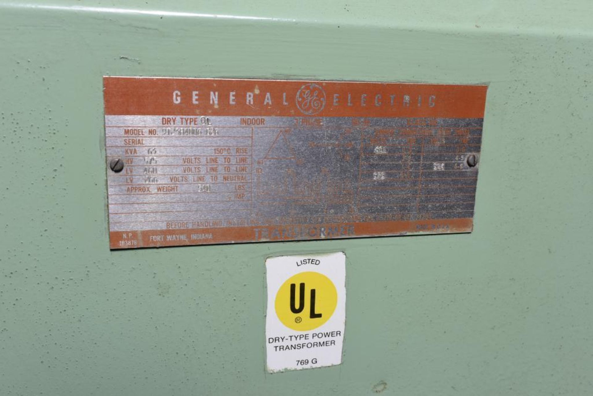 GENERAL ELECTRIC DRY TYPE QL INDOOR 3-PH TRANSFORMER, MODEL: 9T23B4006 G26, KVA: 63, HIGH VOLTS: 575 - Image 2 of 2