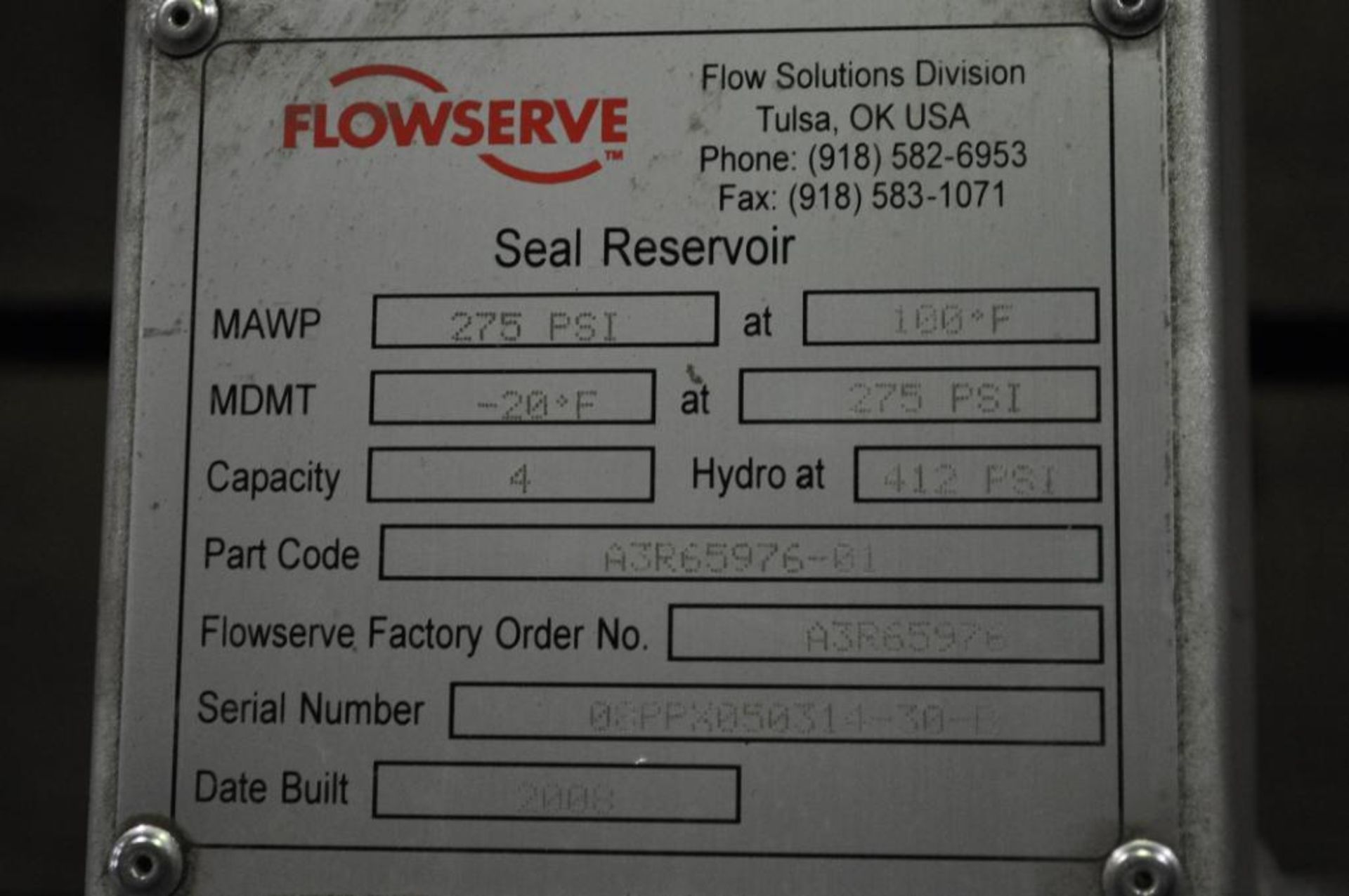 (3) FLOWSERVE SEAL RESERVOIRS, MAWP: 275 PSI AT 100 DEG. F, MDMT: -20 DEG. F AT 275 PSI, CAPACITY: 4 - Image 3 of 4