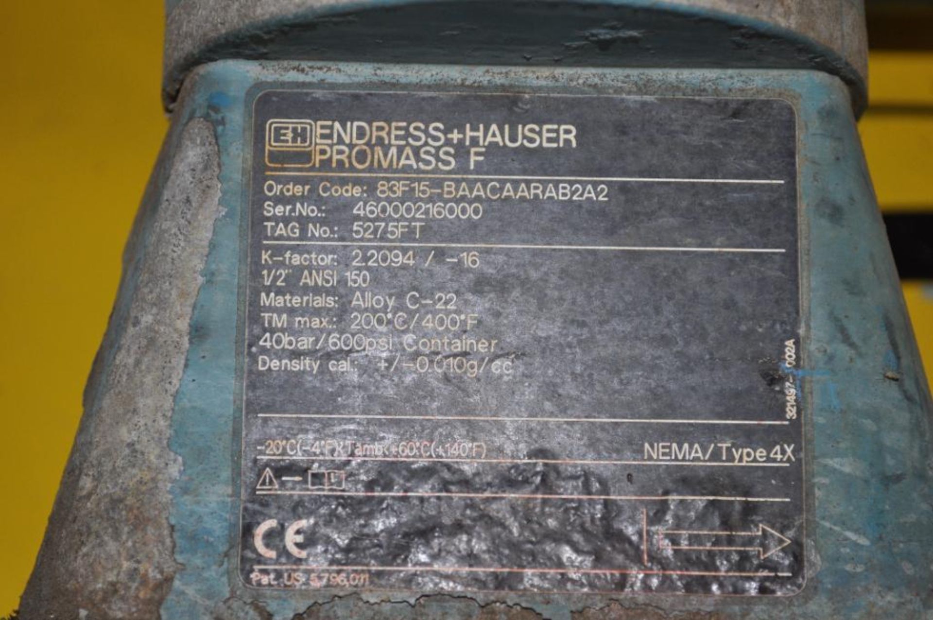 ENDRESS+HAUSER PROLINE PROMASS F CORIOLIS FLOW METER, MATERIAL: ALLOY C-22, 1/2'' ANSI 150, TAG NO. - Image 2 of 4