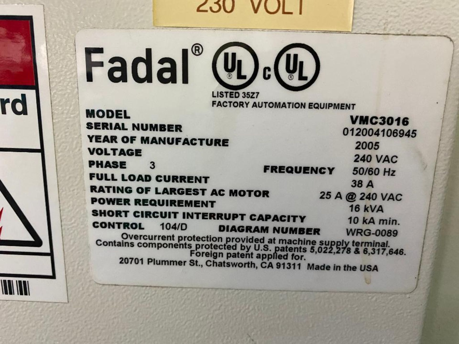 2005 FADAL VMC 3016 VERTICAL MILL & TOOLING VIDMAR CABINET, W/ ASSORTED TOOLING , 30'' X 72'' MAPLE - Image 6 of 14