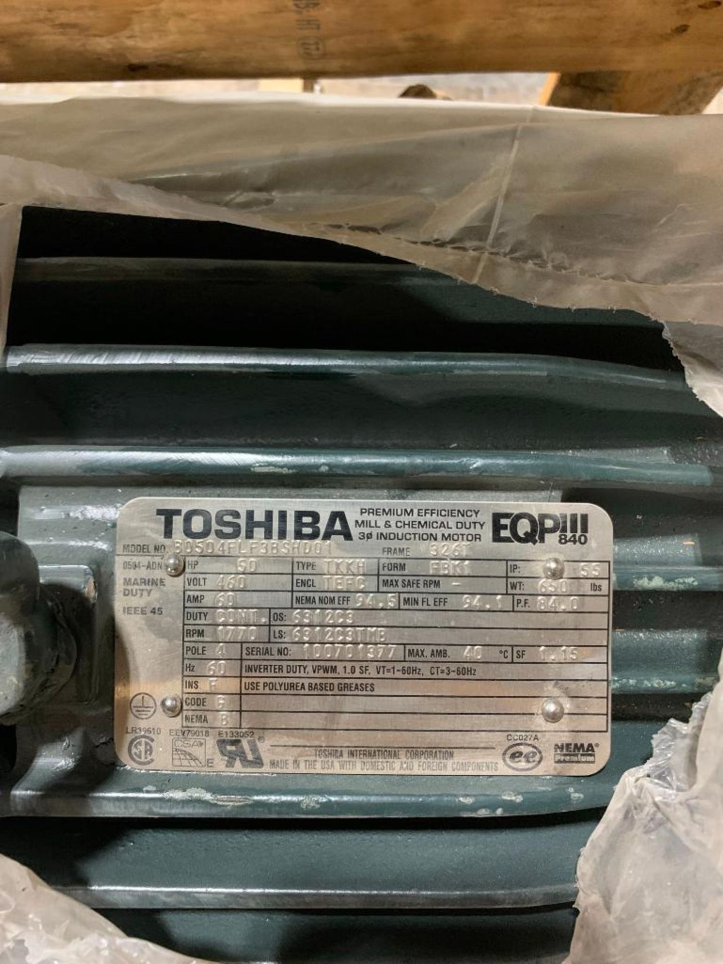 (NEW) TOSHIBA 50-HP INDUCTION MOTOR, 460 V, 1,170 RPM, MODEL 80504FLF3BSHD01 - Image 2 of 2