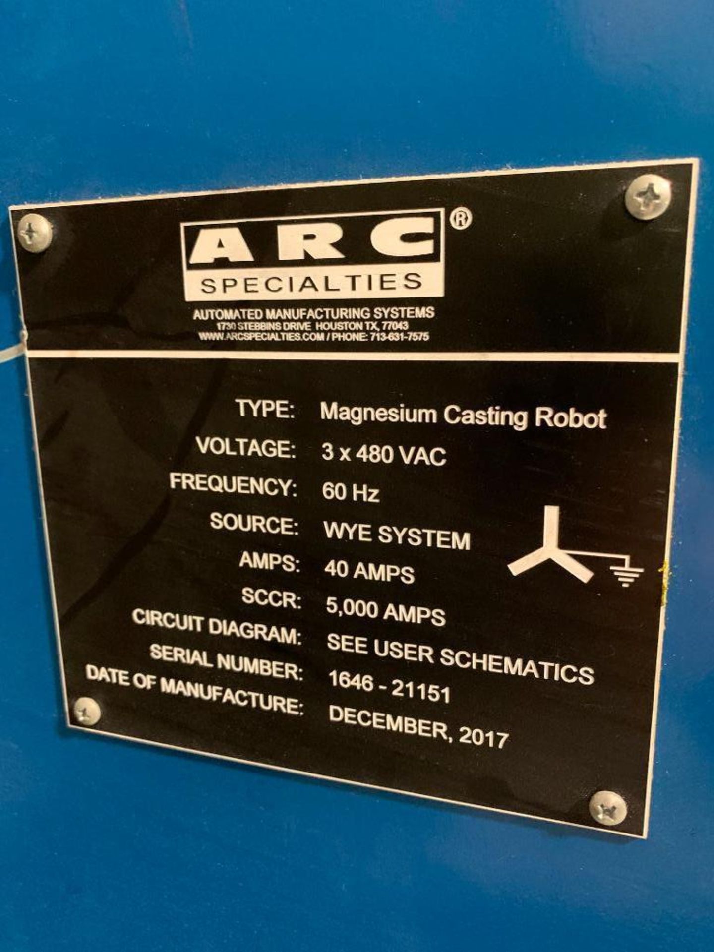 2017 ARC SPECIALTIES CONTROL CABINET, 480 VAC, 3-PHASE, 40 AMP, SCCR: 5,000 AMPS - Image 2 of 2