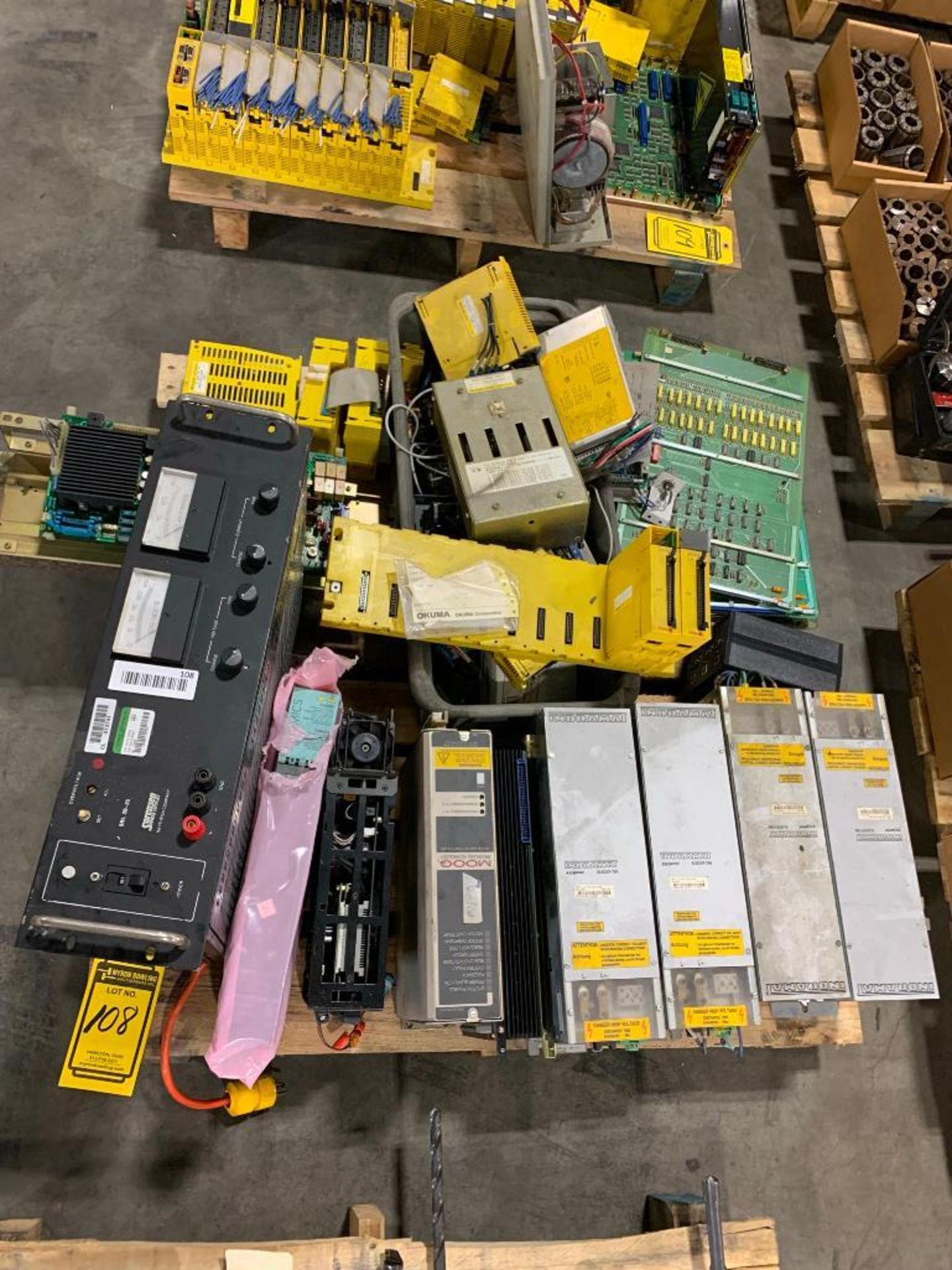 PALLET W/ ELECTRONICS: INDRAMAT AC SERVOS BLEEDER-TBM, SORENSEN POWER SUPPLY, MOOG MOTOR CONTROL, FA