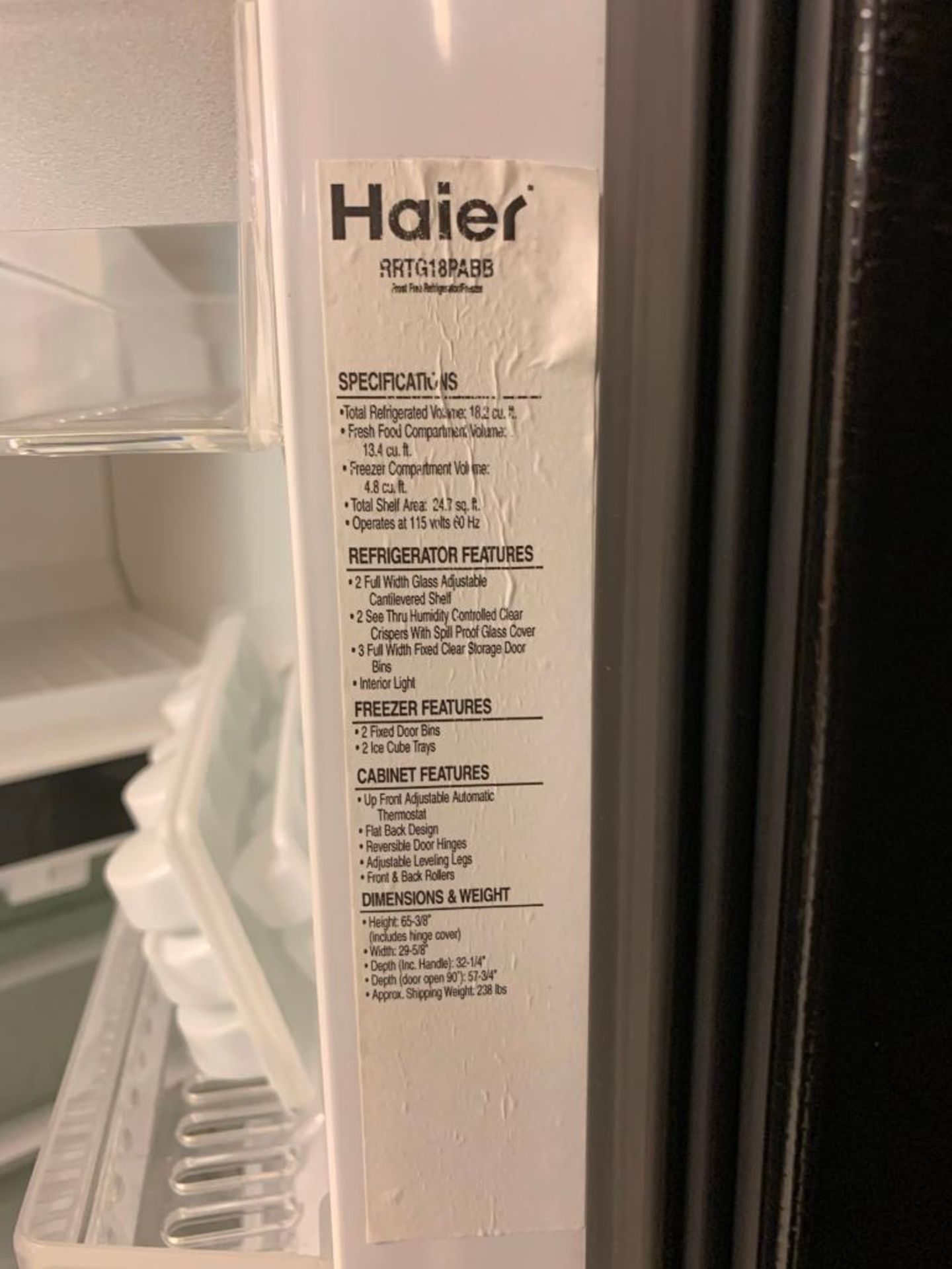 HAIER HOUSEHOLD REFRIGERATOR, 24.7 CU FT STORAGE AREA (LOCATED ON 2ND FLOOR) - Image 3 of 3