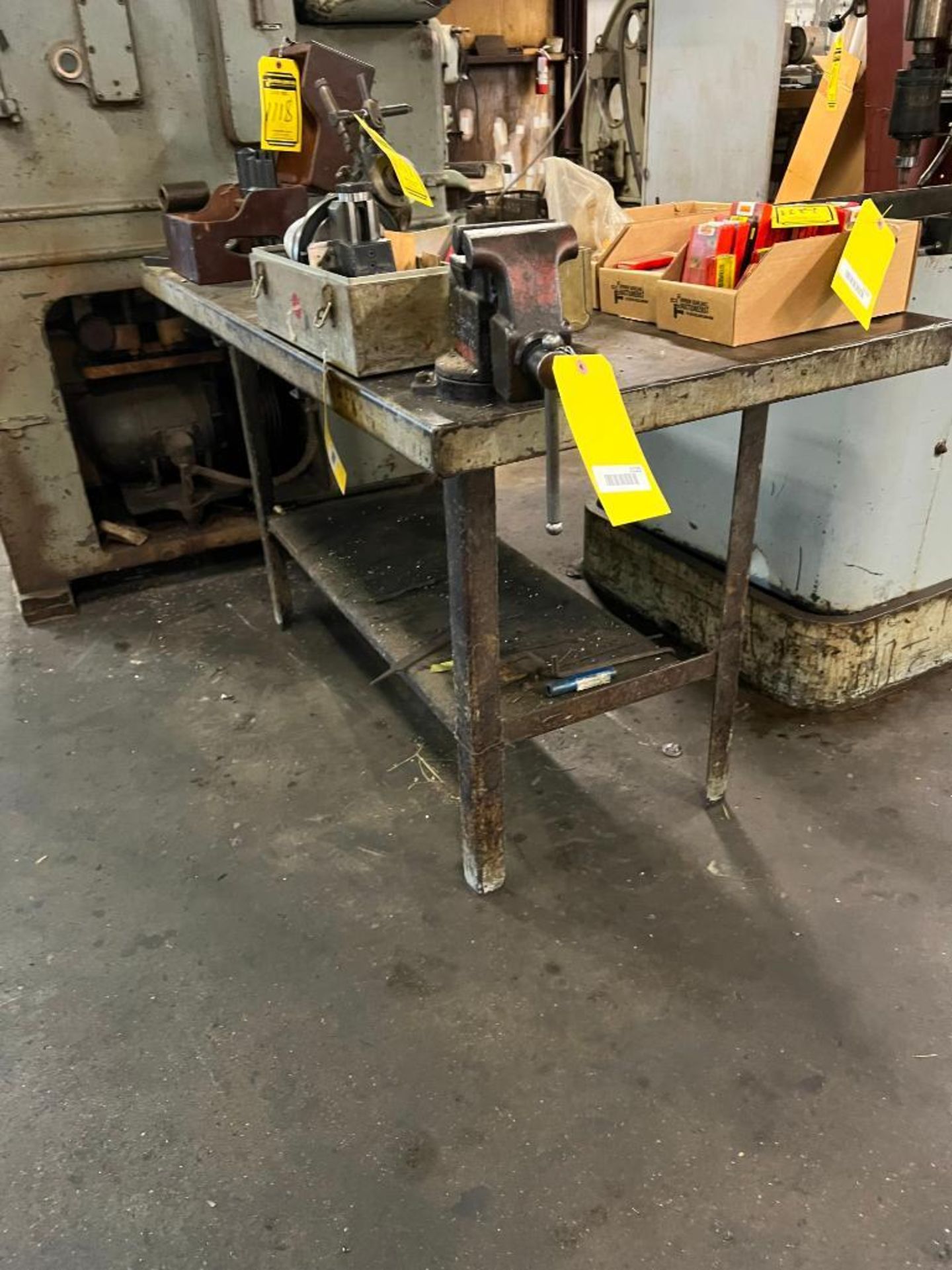 (2) METAL WORKBENCHES, W/ COLUMBIAN VICES