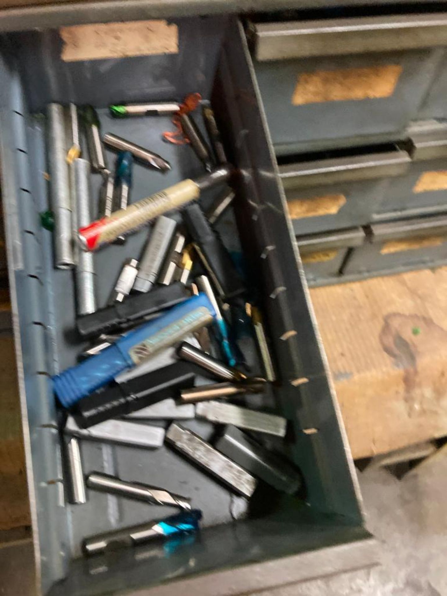 DURHAM GRAY CABINET, W/ ASSORTED DRILLS, END MILLS, TABLE - Image 5 of 5