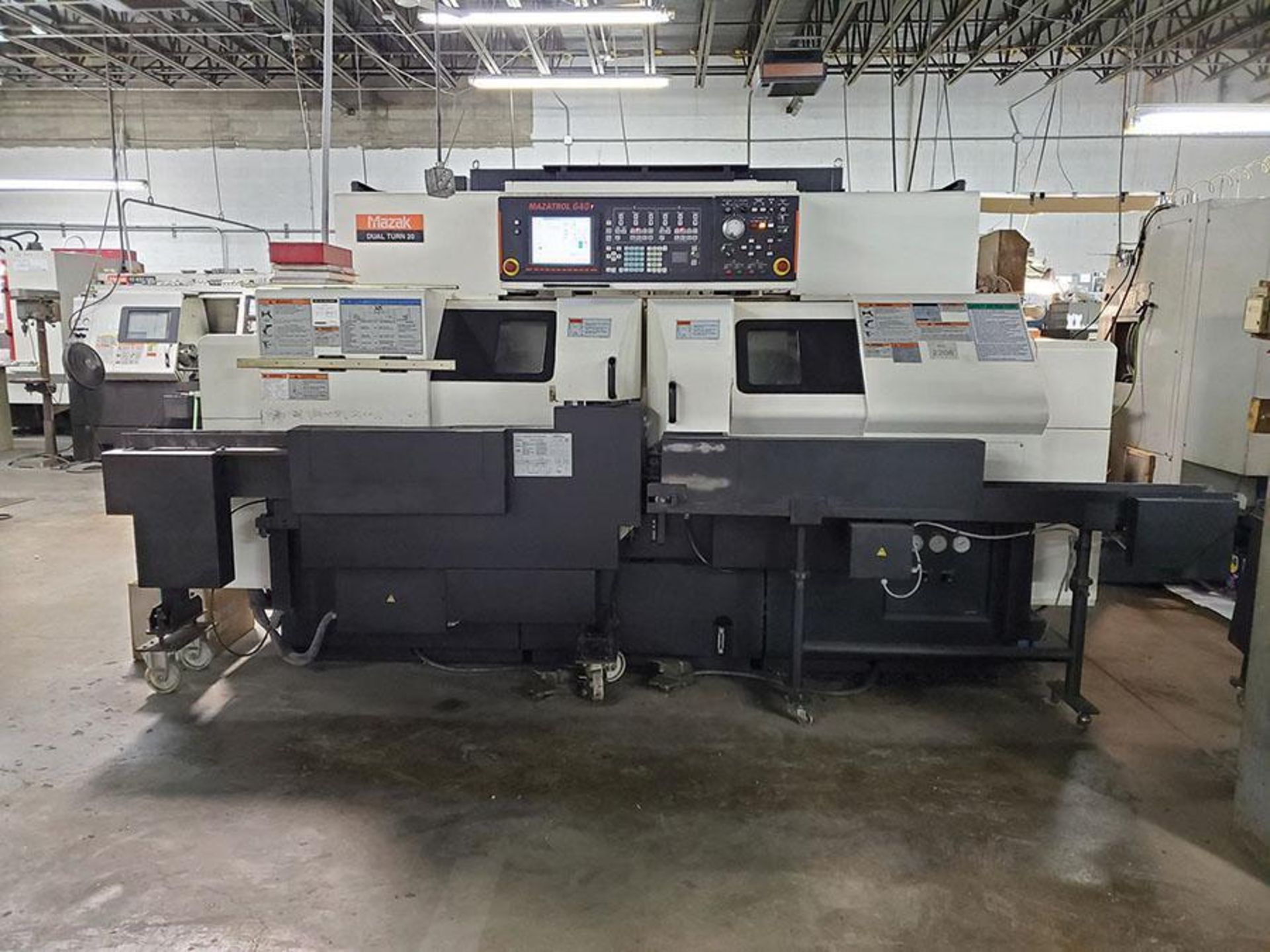 2011 MAZAK DUAL TURN 20 HORIZONTAL CNC TURNING CENTER, MAZATROL 640T CNC DRO CONTROL, INFEED/OUTFEED