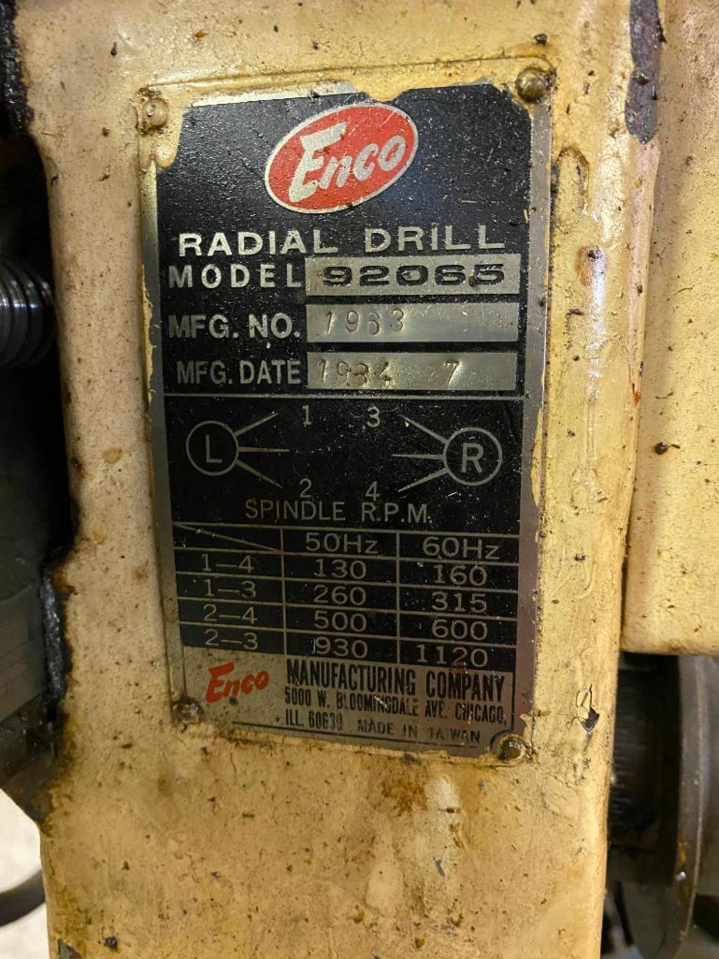 ENCO RADIAL ARM DRILL, MODEL 92065, 20" ARM, 6" COLUMN, 44" X 25" TABLE, S/N 1963, KNEE BED - Image 3 of 4