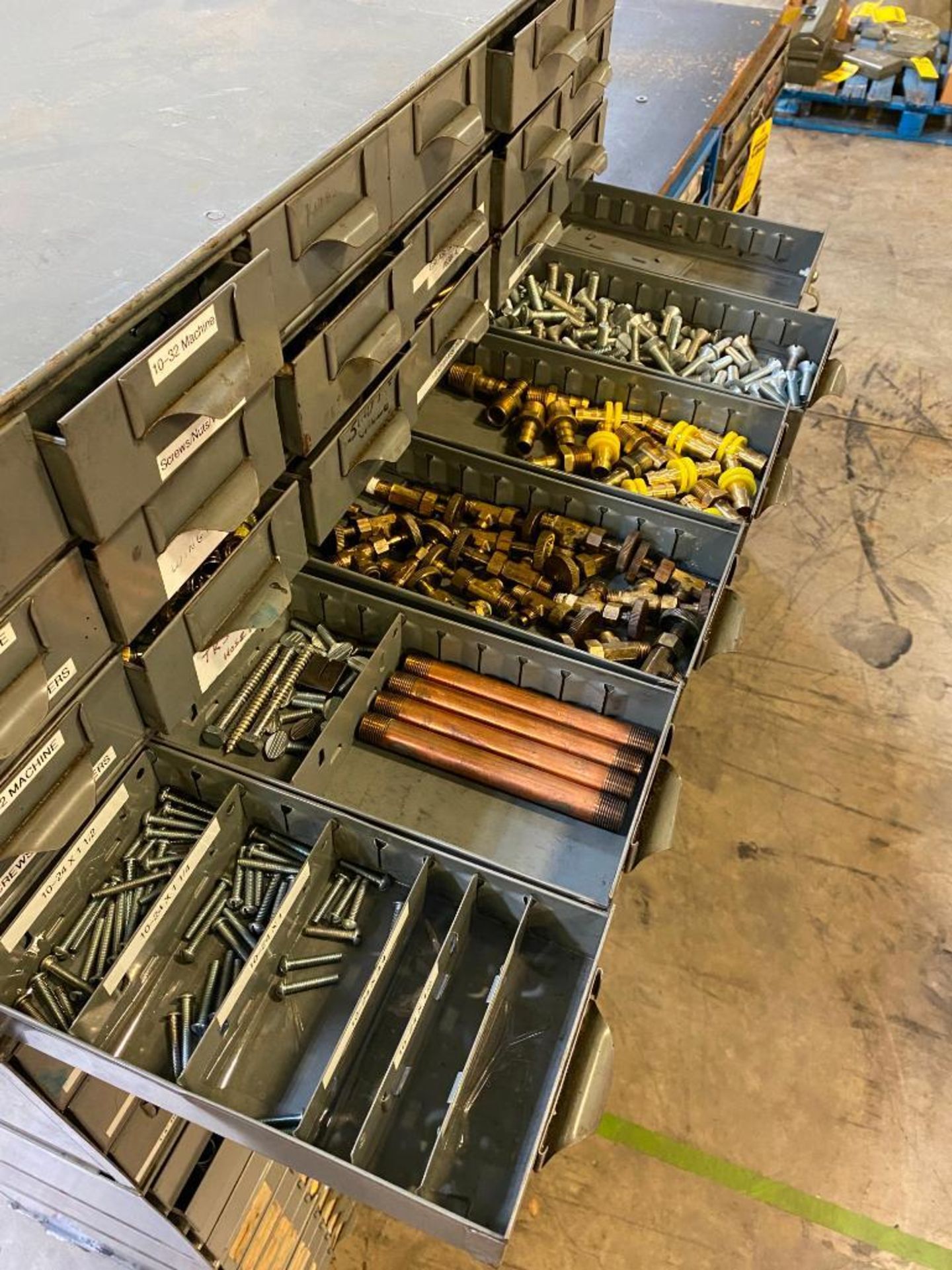 MULTI-DRAWER CABINET W/ BRASS FITTINGS, AIR SHUT OFF VALVES, FASTENERS, FUSES, KEY STOCK - Image 2 of 6