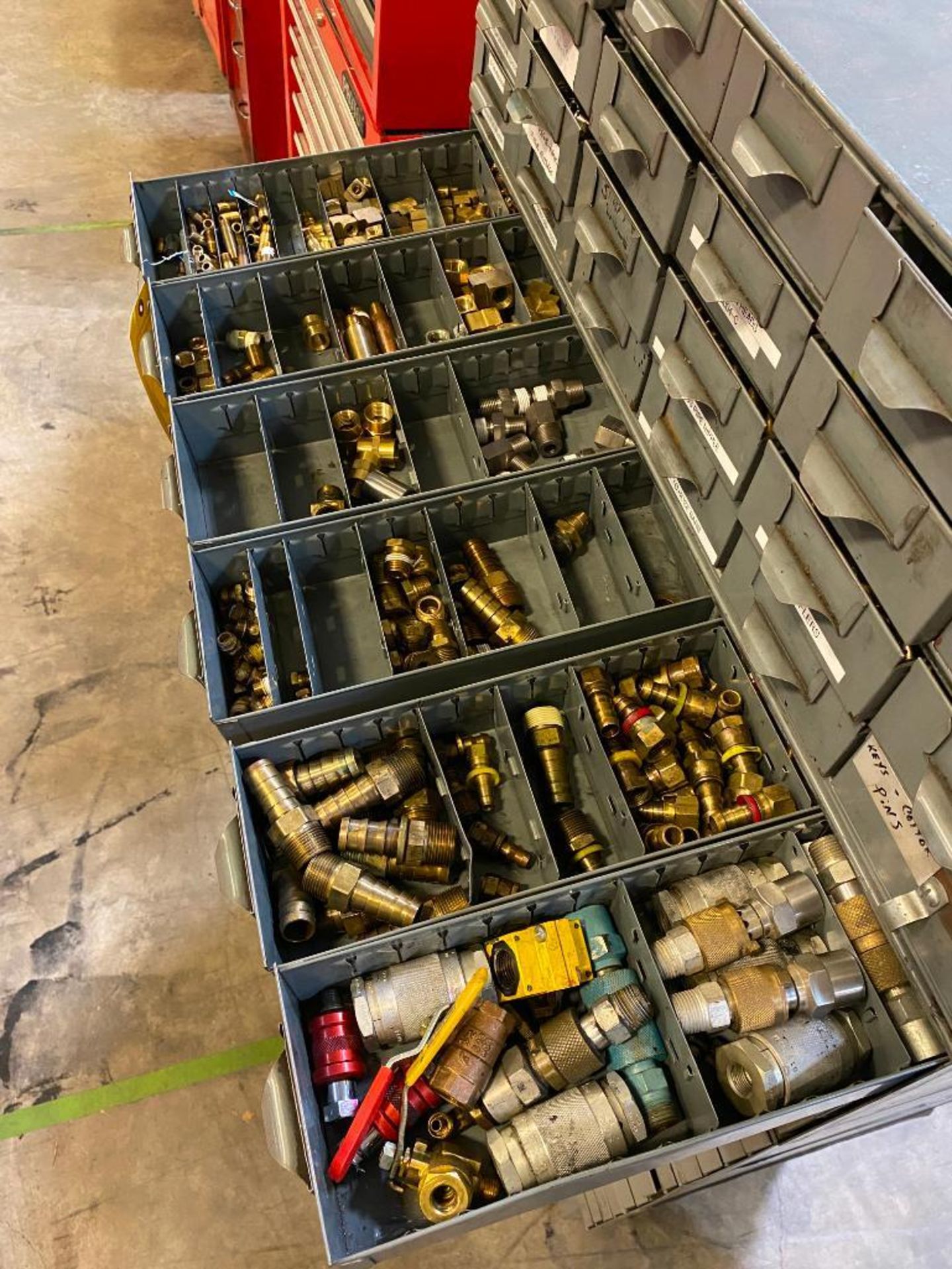 MULTI-DRAWER CABINET W/ BRASS FITTINGS, AIR SHUT OFF VALVES, FASTENERS, FUSES, KEY STOCK - Image 3 of 6