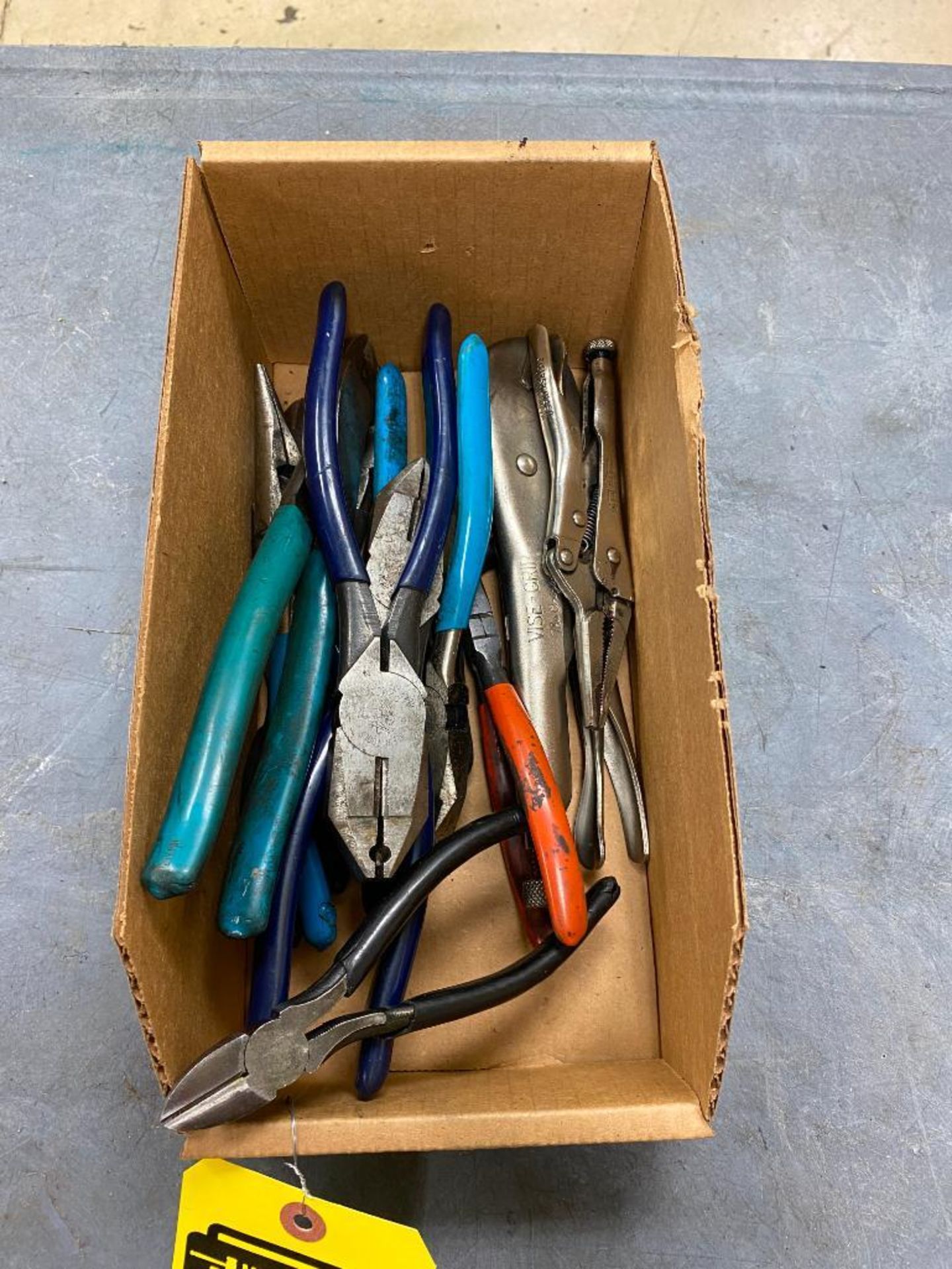 BOX OF VISE GRIPS, NEEDLE NOSE PLIERS, DIKES