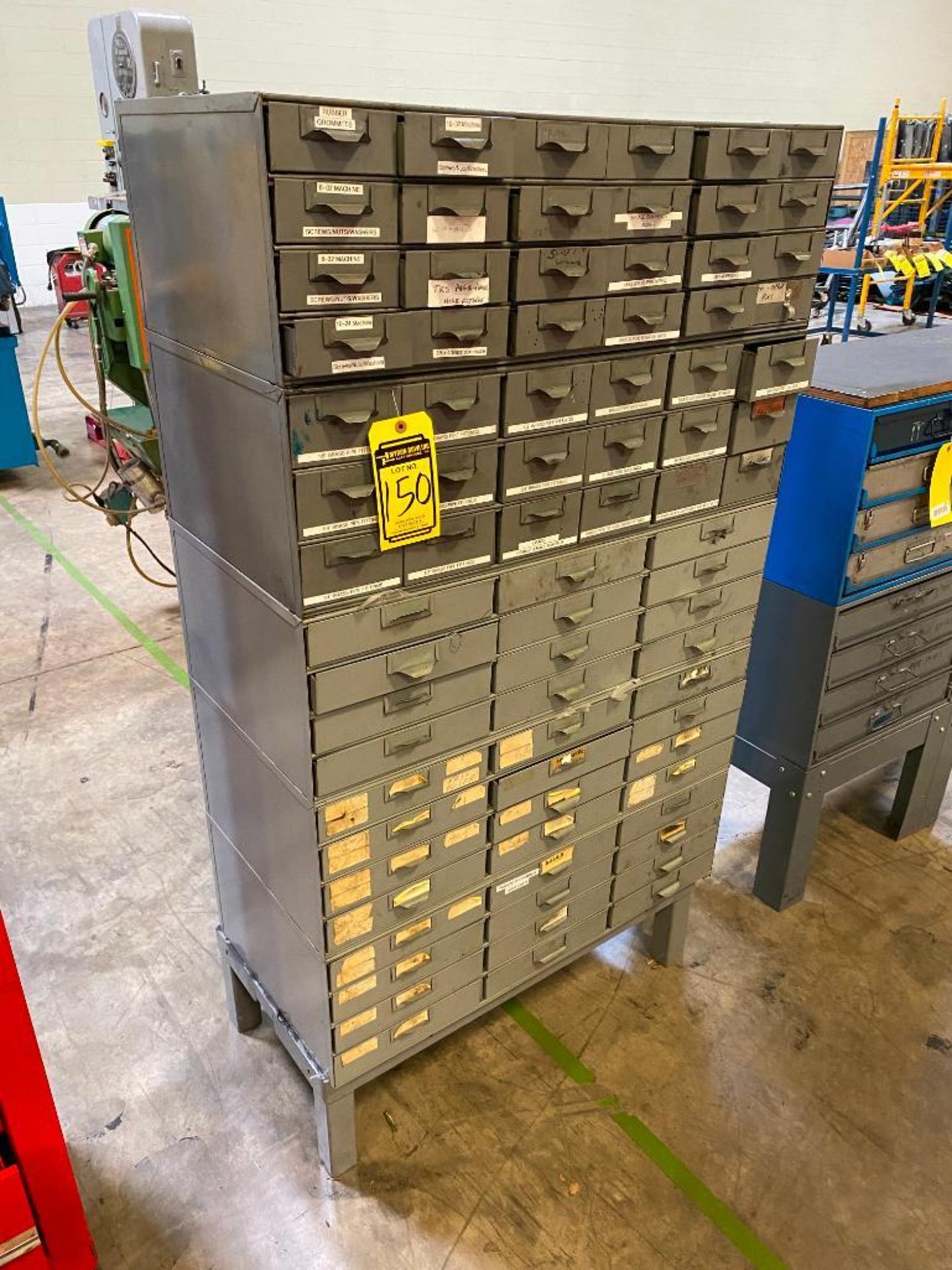 MULTI-DRAWER CABINET W/ BRASS FITTINGS, AIR SHUT OFF VALVES, FASTENERS, FUSES, KEY STOCK