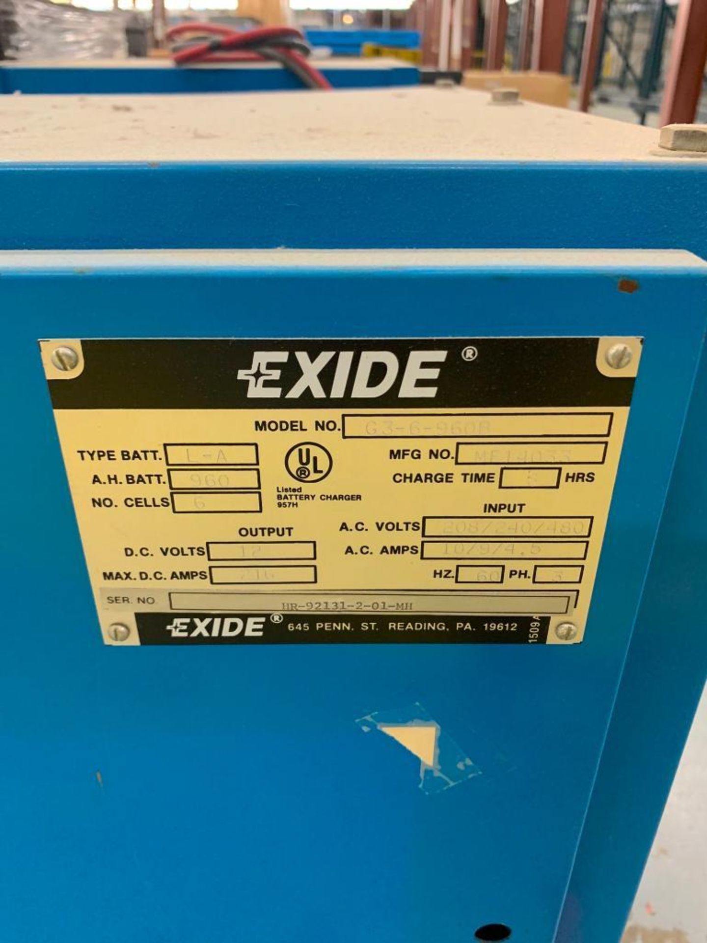 EXIDE SYSTEM 3000 BATTERY CHARGER, 12 V, 208/240/480 V, MODEL G3-6-960B, S/N HR-92131-2-01-MH, 3 PHA - Image 2 of 2