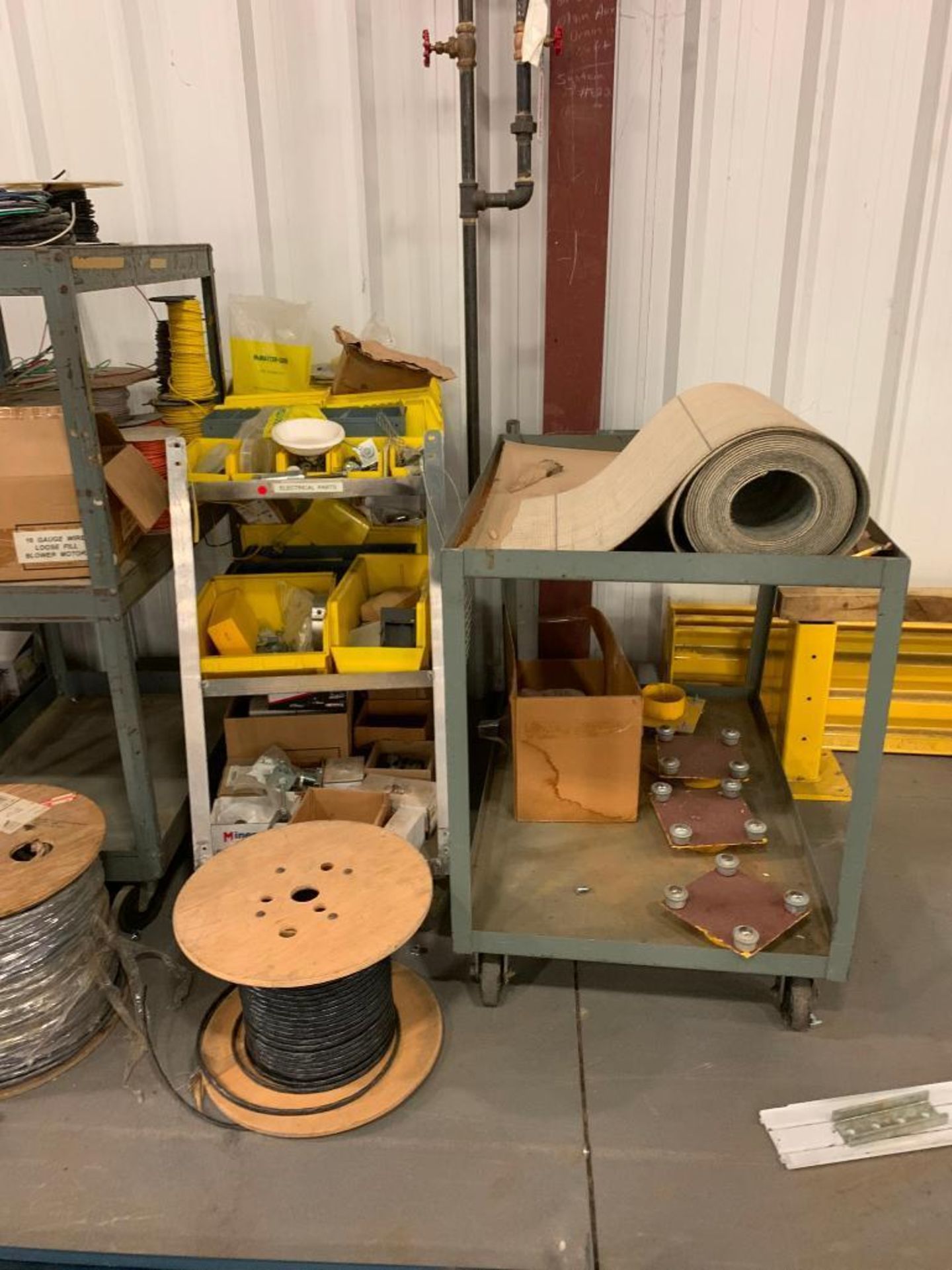 ELECTRICAL SUPPLIES/ PLANT SUPPORT W/ SPOOL CART, OTHER ASSORTED CARTS W/ CONTENT