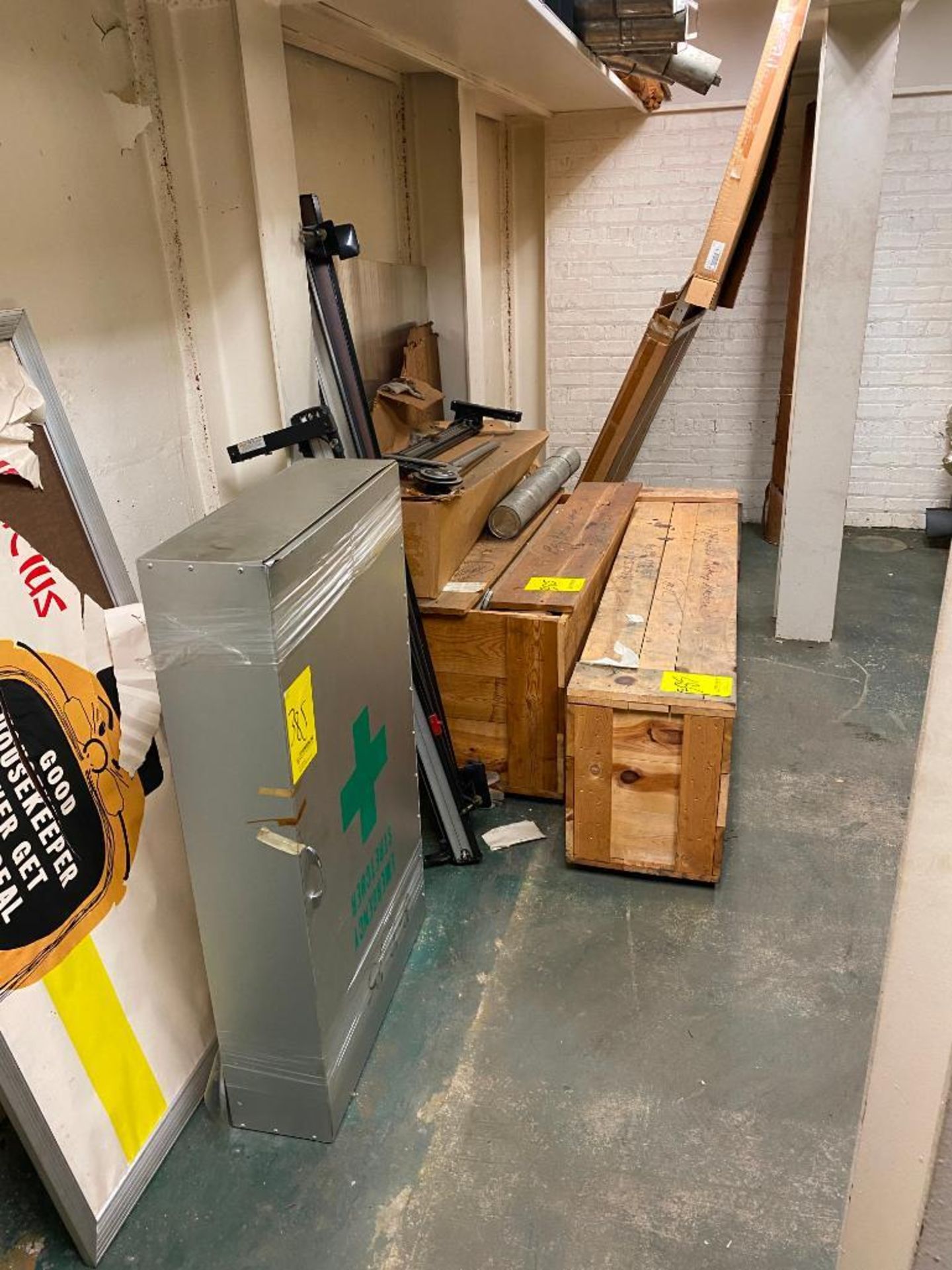 CONTENT OF ROOM: (8) SECTIONS OF SHELVING, TIRES, STENCIL MACHINE, WOODEN CRATES, CORK BOARD - Image 3 of 3