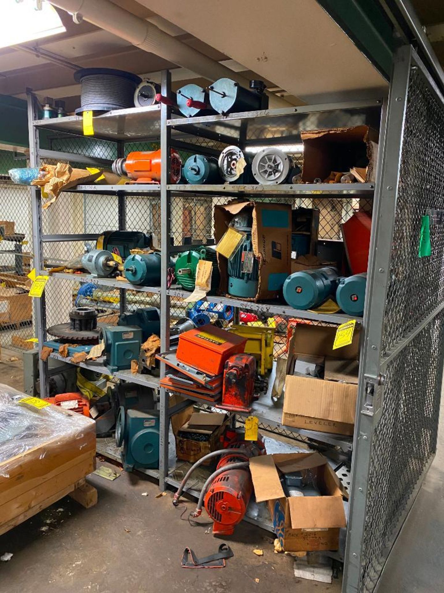 SHELF W/ CONTENT: (16+) ELECTRIC MOTORS, GEAR REDUCERS, GEARS, ELECTRICAL BOXES