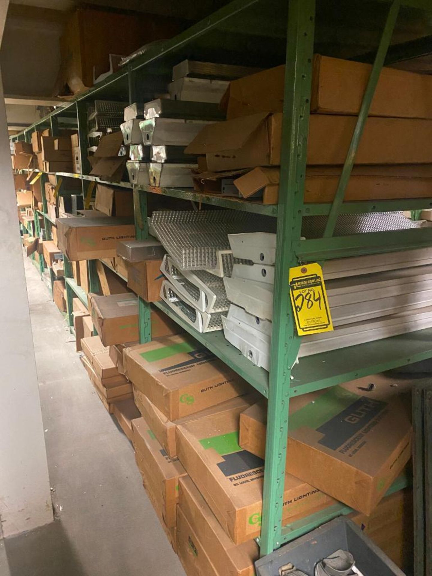 (14) SECTIONS OF SHELVING W/ CONTENT: ALKCO LIGHT FIXTURES, LIGHT HOUSINGS, PHILLIPS BALLAST