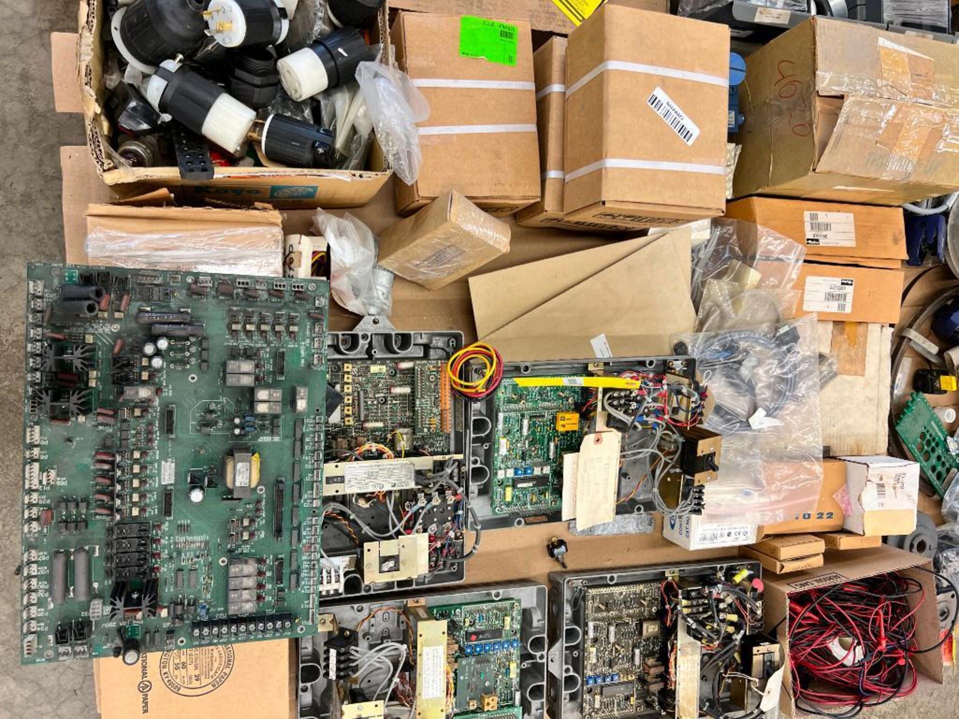 SKID OF ASSORTED MOTHER BOARDS, ELECTRICAL PLUGS, CONTROL SWITCHES, & OTHER ELECTRICAL COMPONENTS