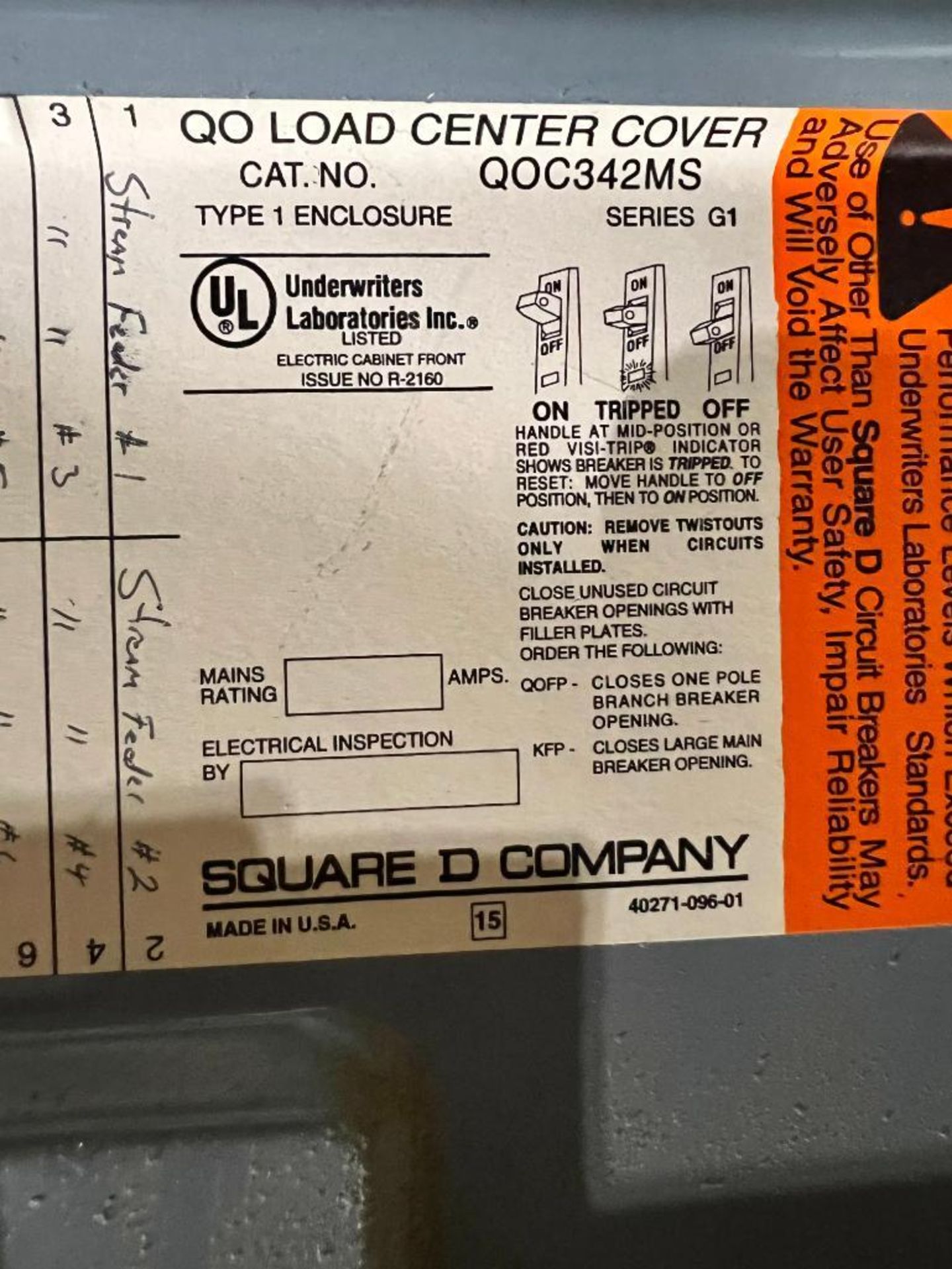 SQUARE D LOAD CENTER, 240/120 V, 3-PH, CAT. NO. QOC342MS - Image 3 of 3