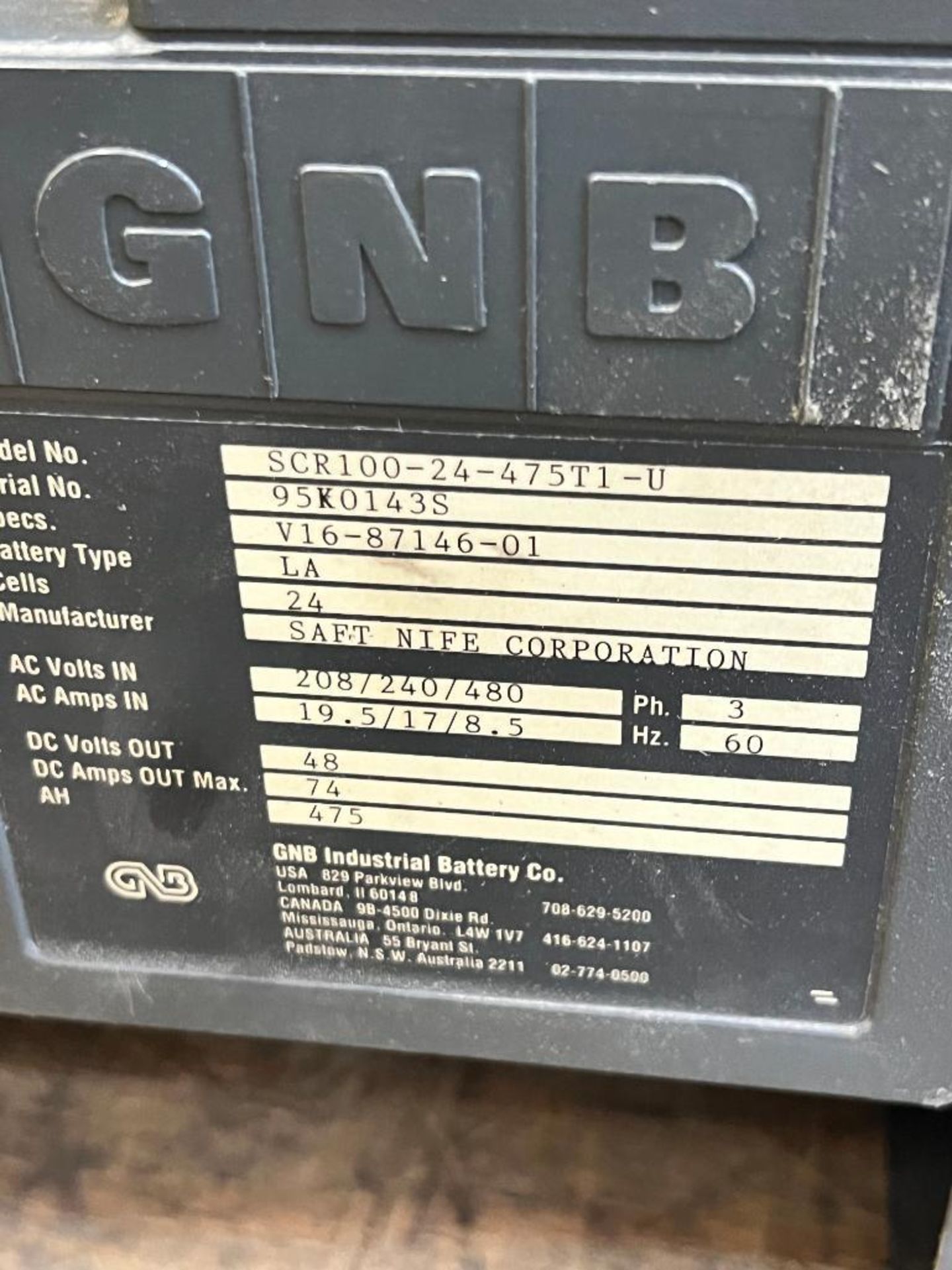 GNB BATTERY CHARGER, MODEL SCR100-24-475T1-U, S/N 95K0143S, BATTERY TYPE LA, 24 CELL, 3-PH, 60HZ, 20 - Image 3 of 3