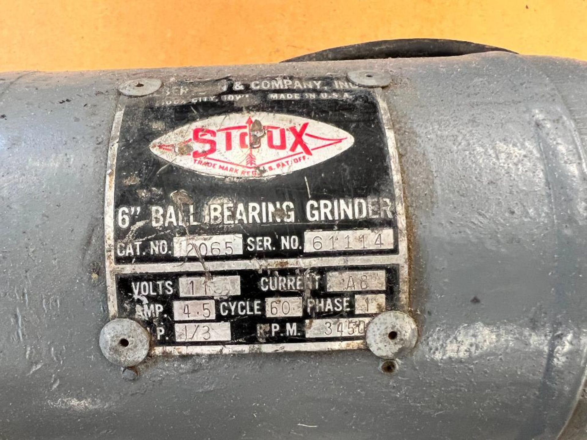 SIOUX 6" BALL BEARING GRINDER, CAT. NO. 2065, S/N 61114, SINGLE PHASE, 1/3 HP - Image 3 of 3