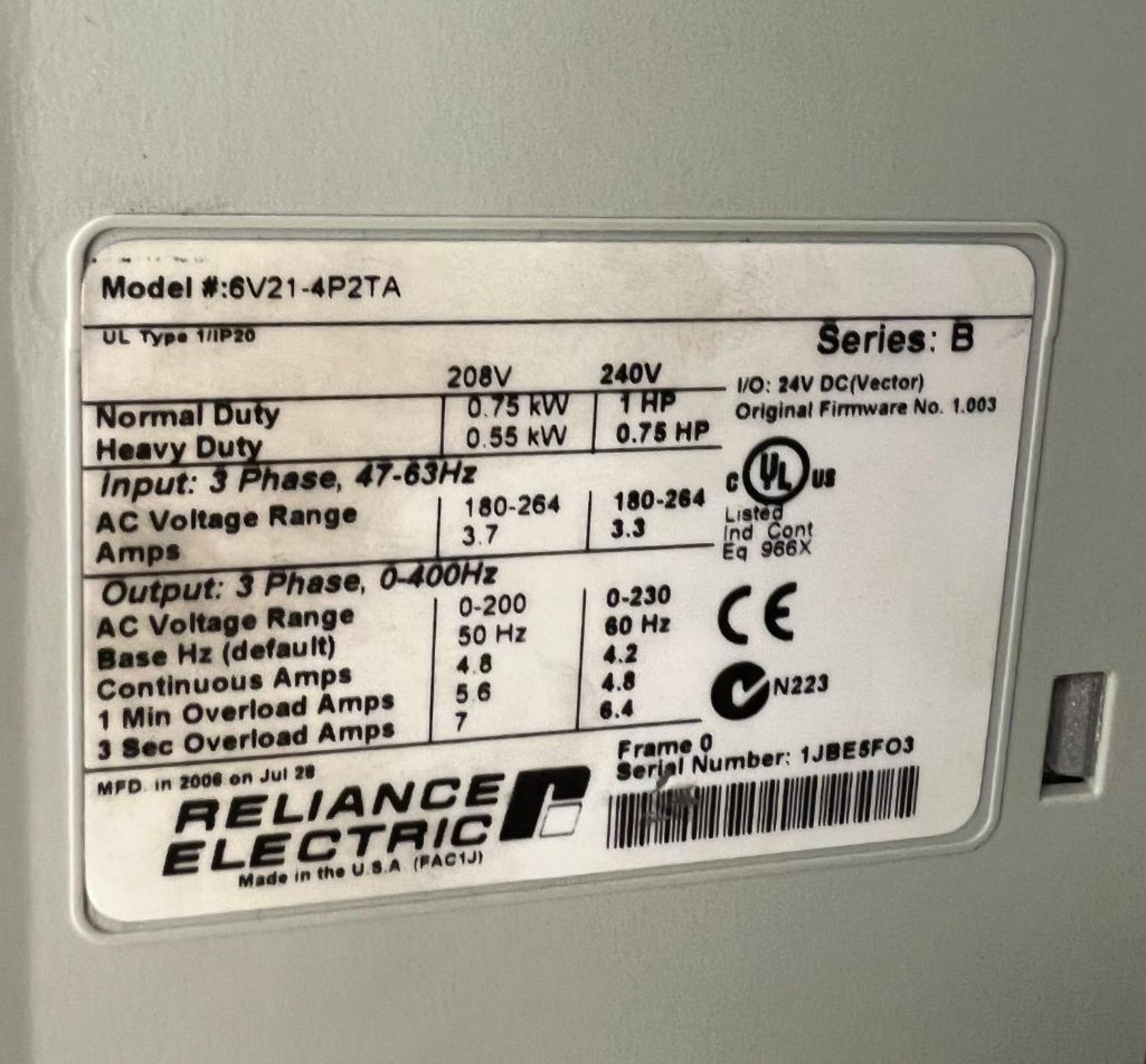 RELIANCE ELECTRIC FLOWSERVE IPS TEMPO, SERIES B, MODEL 6V21-4P2TA, 3-PH, 208/240V - Image 2 of 2