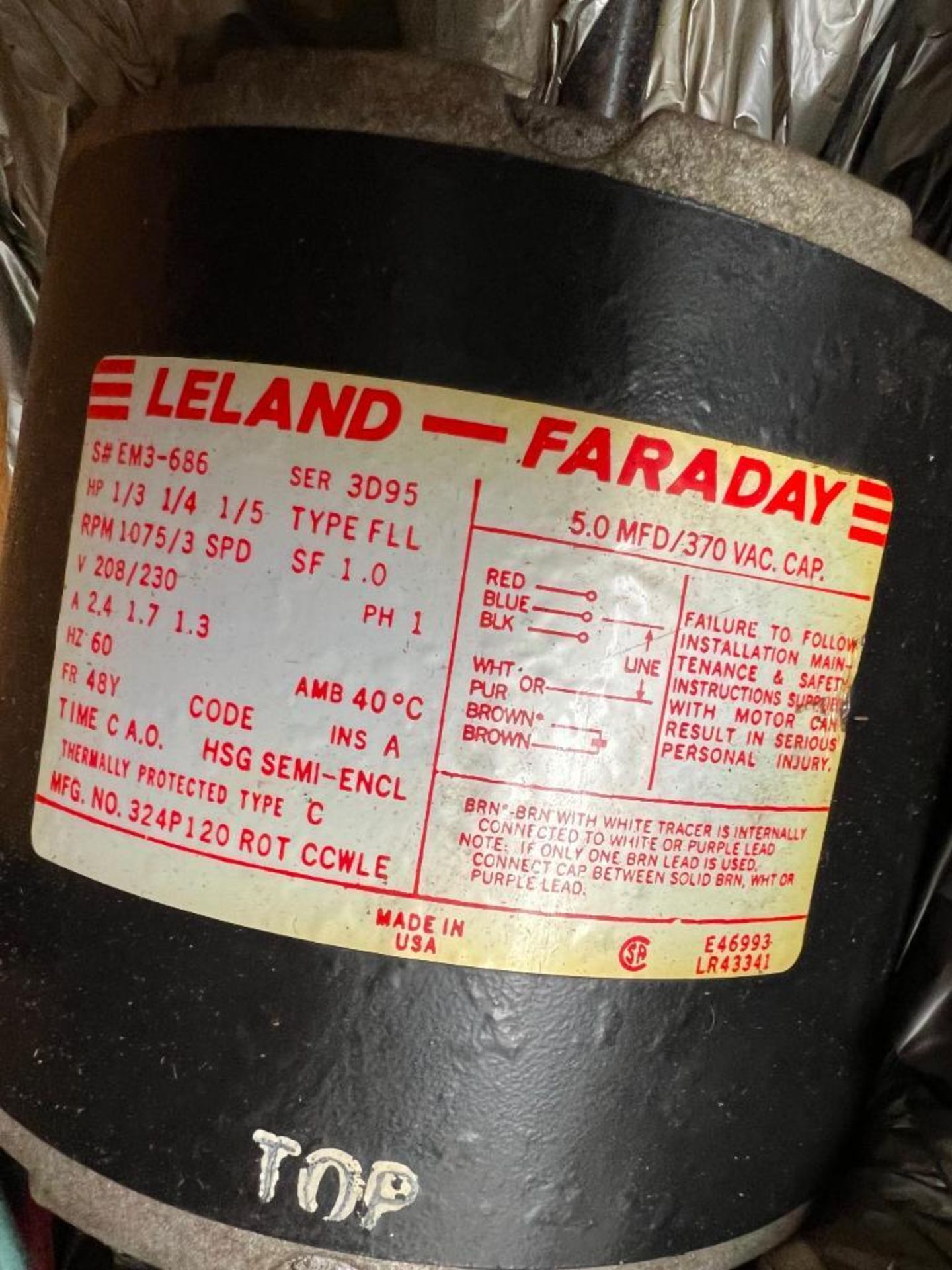 (NEW) LELAND FARADAY EM3-686 MOTOR, 1/3 HP, 1075 RPM, 208/230 V, SEMI ENCLOSED - Image 2 of 2