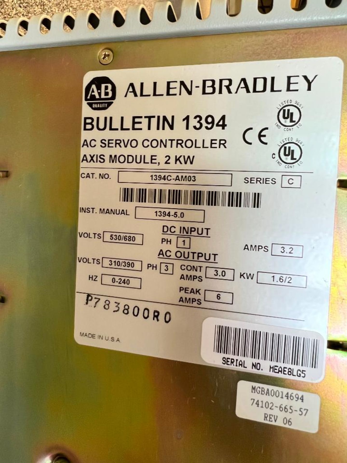ALLEN-BRADLEY AC SERVO CONTROLLER AXIS MODULE, 2KW, CAT NO. 1394C-AM03, S/N MEAEALG5 - Image 2 of 2