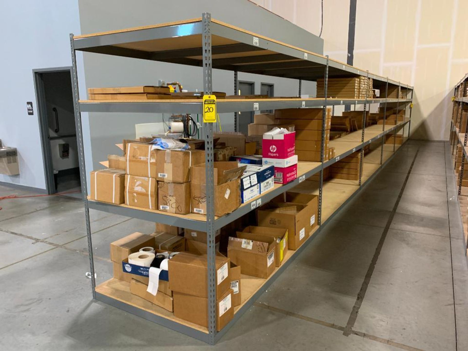 (6X) SECTIONS RIVET SHELVING, 84"T X 48"D X 96"W, PARTICLE BOARD SHELVES (BUYER RESPONSIBLE FOR DISA