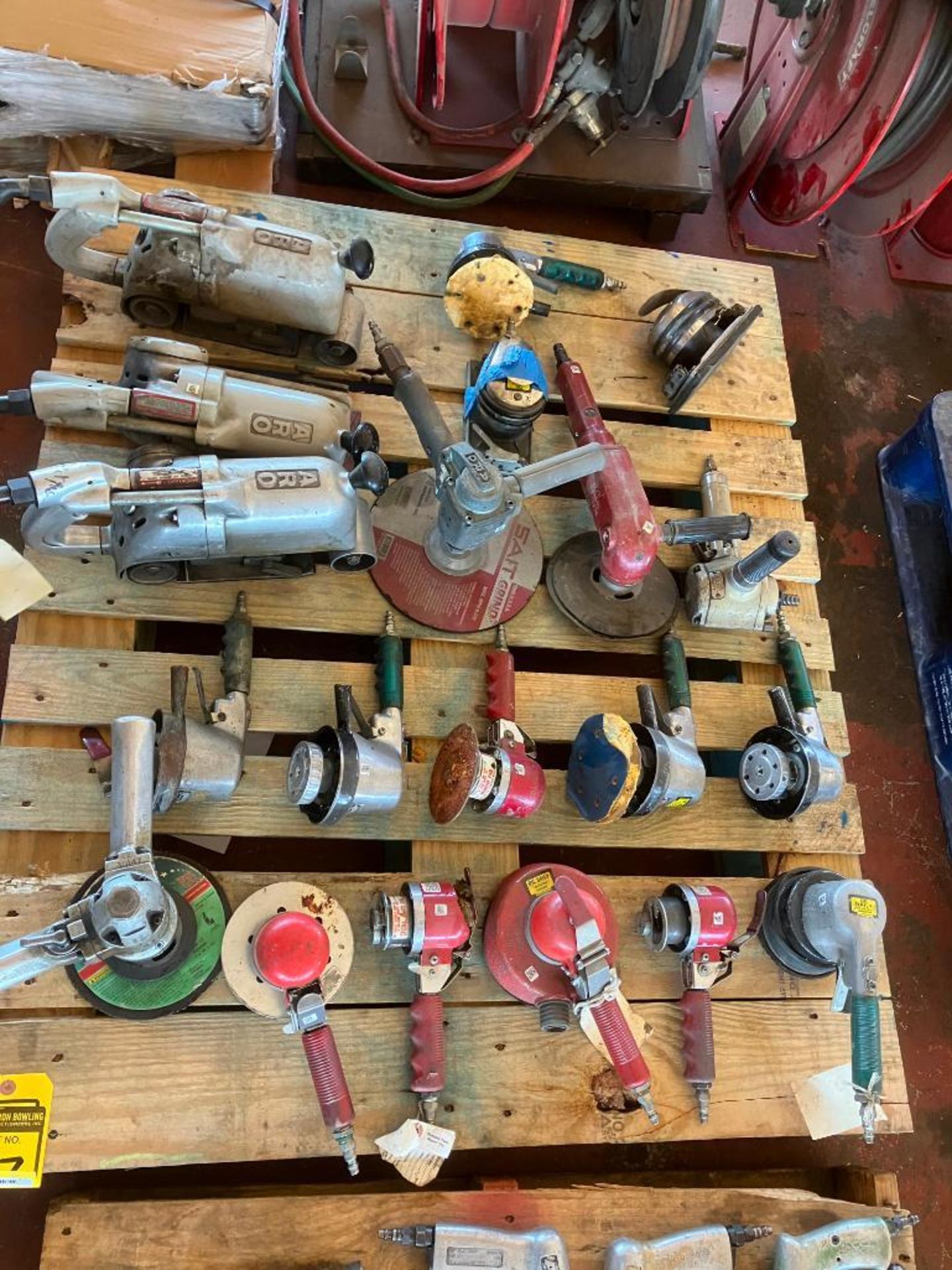 Skid of Assorted Pneumatic Tools; Belt Sanders & Orbital Sanders