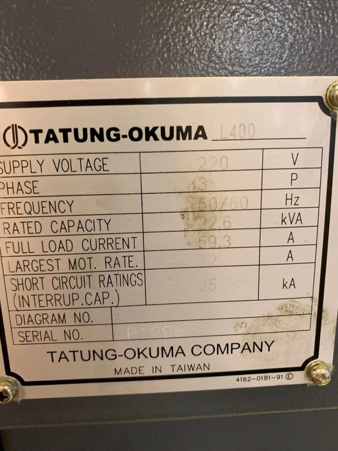 OKUMA GENOS L400 CNC TURNING CENTER, 12-POSITION TURRET, TAILSTOCK, OKUMA OSP-P200LA-R CONTROL, S/N - Image 6 of 7