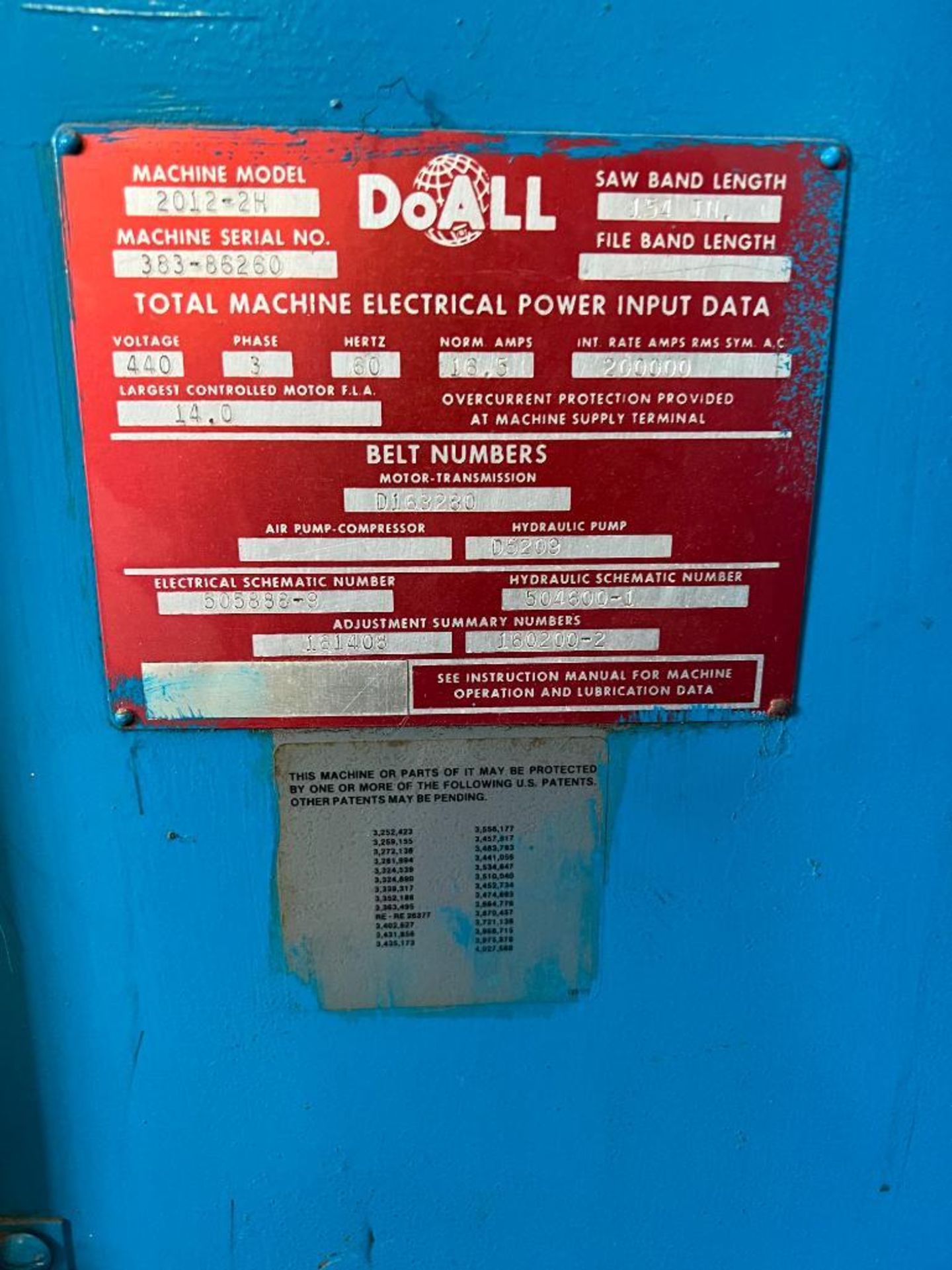 DOALL BAND SAW W/ BAND WELDER, MODEL 2012-24, BAND LENGTH 154", 440V, 3-PH - Image 5 of 7