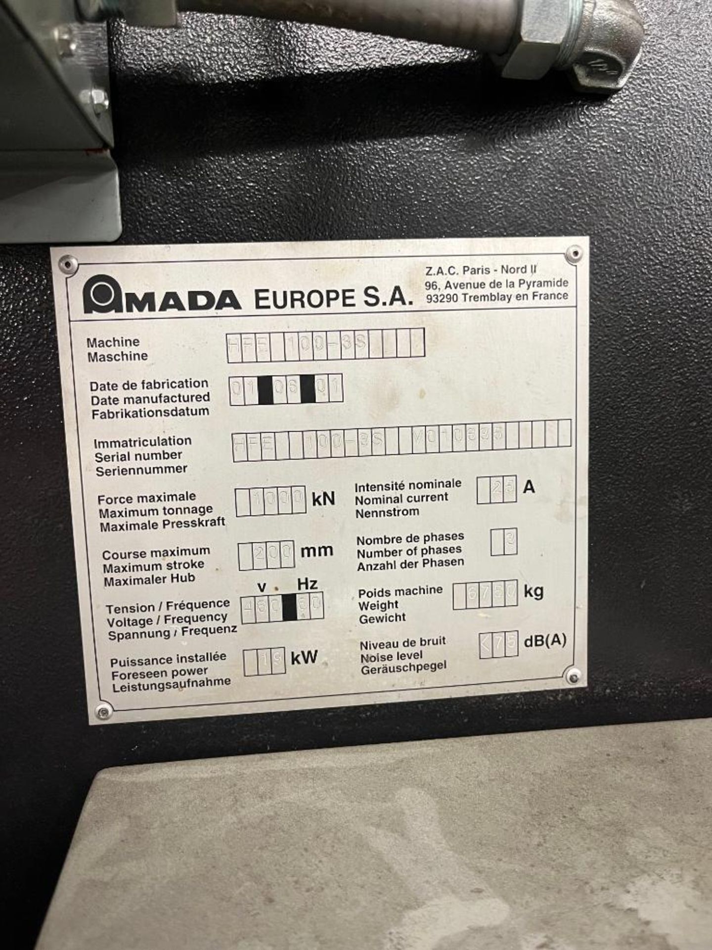 2001 AMADA HFE 100-3S CNC PRESS BRAKE, S/N HFE 100-3S V010635, 1000KN, 200MM, 460V, 10' BED, DUAL FO - Image 10 of 10