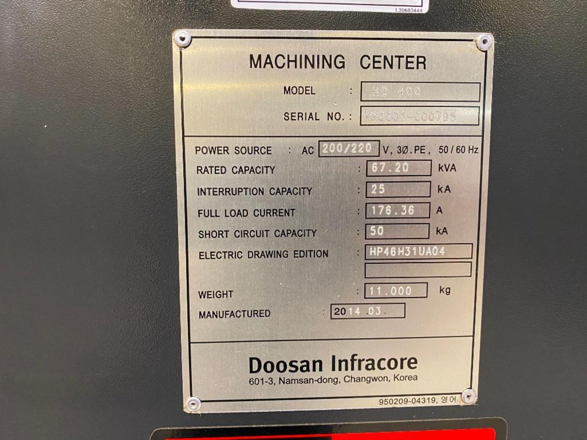 2014 Doosan HC400 CNC horizontal machining center, 2-pallet changer, 60-position ATC, Fanuc Series 3 - Image 9 of 9