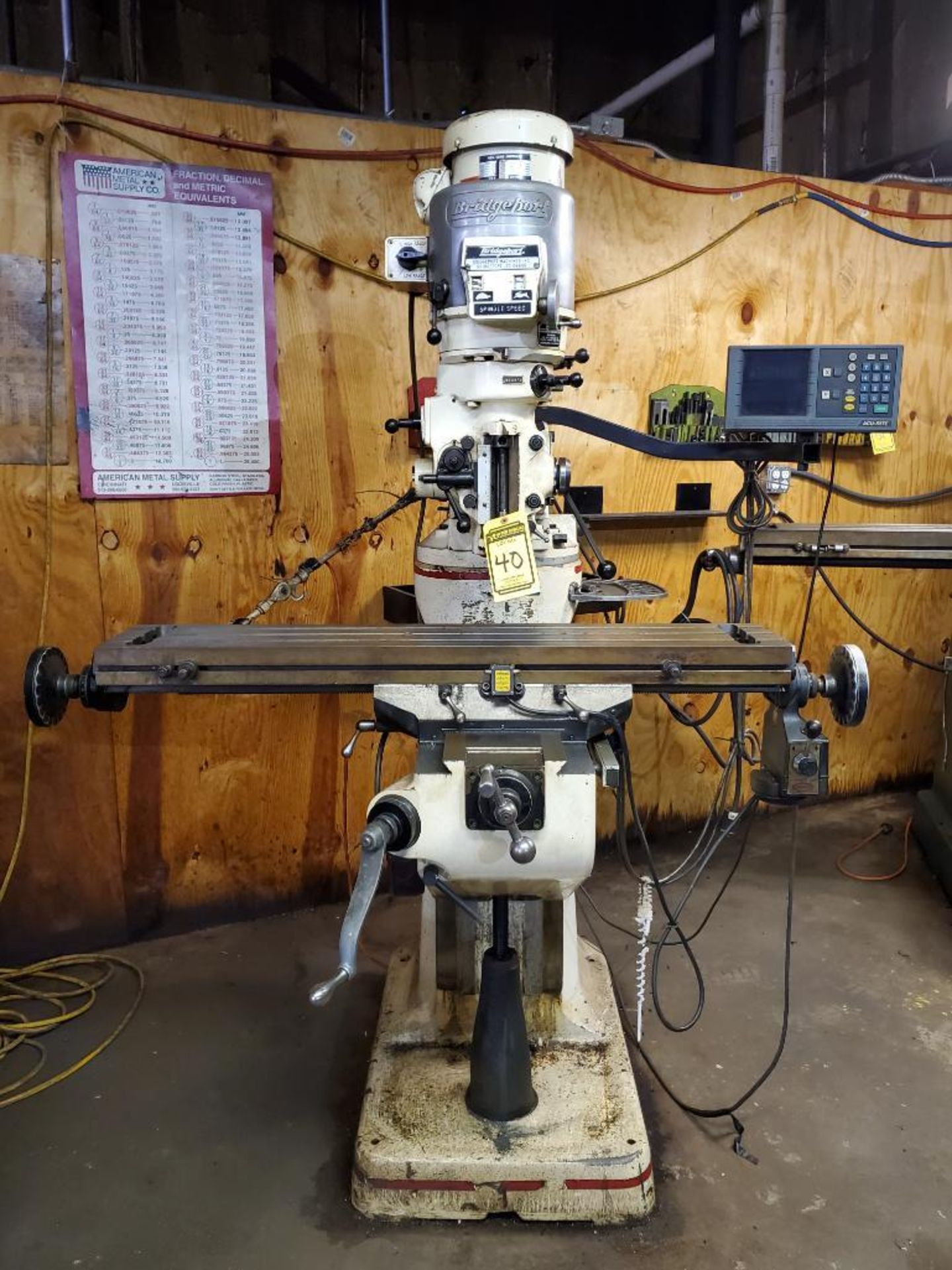 BRIDGEPORT VERTICAL MILLING MACHINE, S/N J312273, 2 HP, HIGH/ LO RANGE, ACU-RITE 2-AXIS DRO CONTROL, - Image 2 of 15