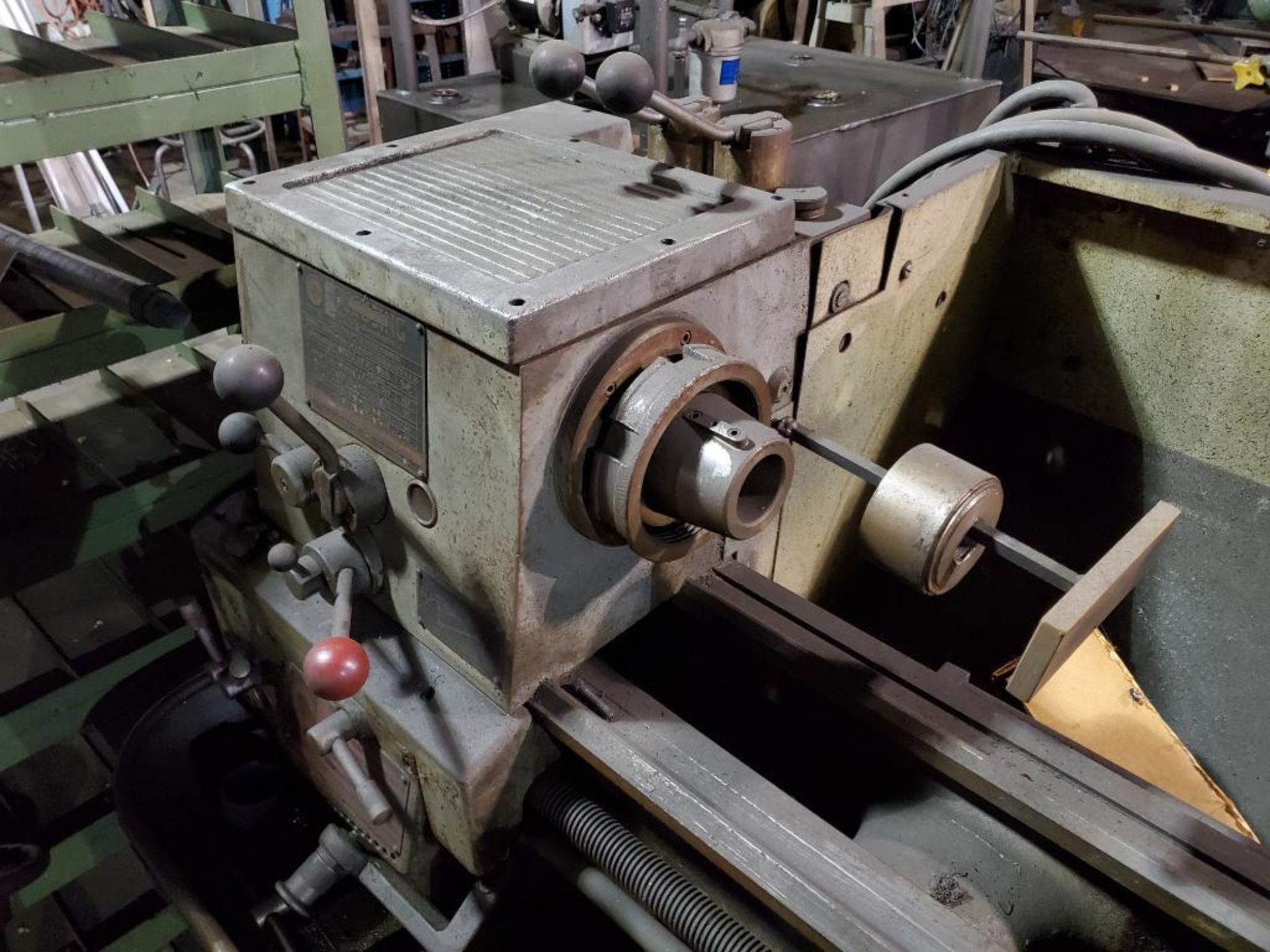 CLAUSING/COLCHESTER HORIZONTAL ENGINE LATHE, 48" BED, SPINDLE CHUCK W/ SPARE 9" 3-JAW CHUCK, TAILSTO - Image 8 of 13