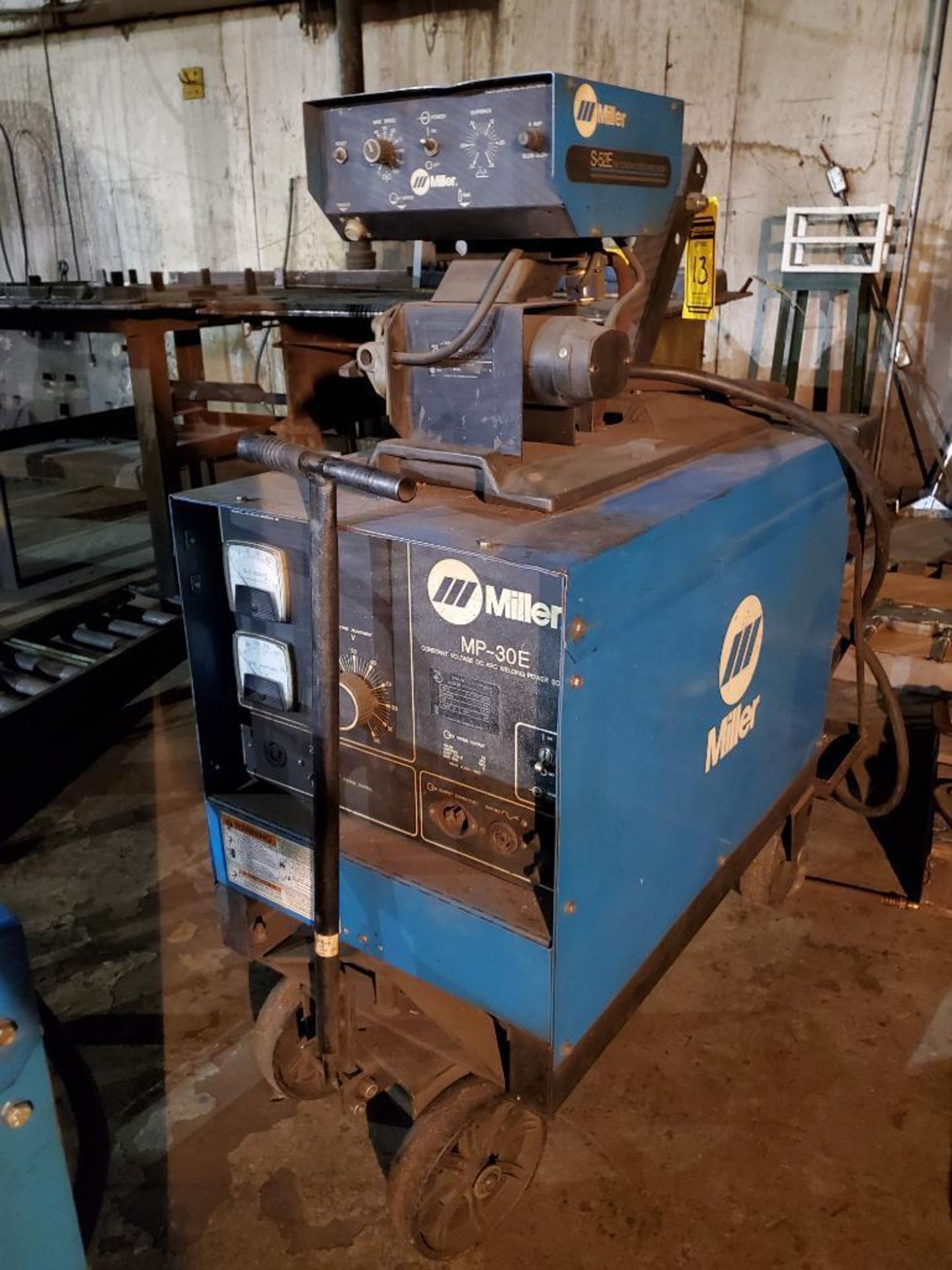 MILLER MP-30 CONSTANT VOLTAGE DC ARC WELDER, W/ S-52E WIRE FEED ON BOTTLE CART