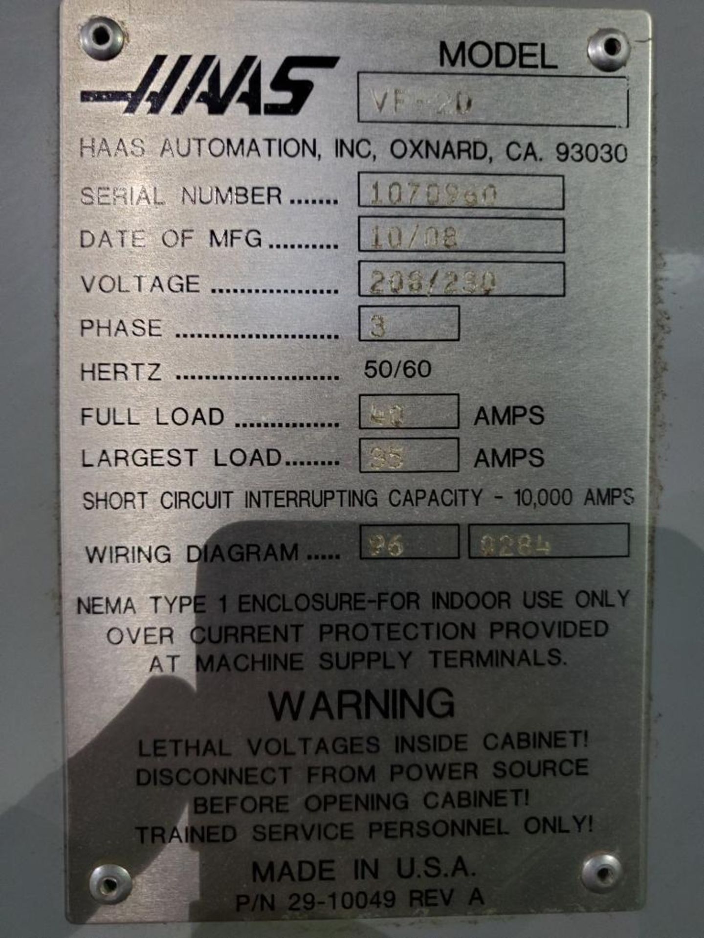 2008 HAAS VF-2D VERTICAL CNC MACHINING CENTER, S/N 1070960, 208/230V, 40 TAPER SPINDLE, 36" X 14" TA - Image 9 of 21