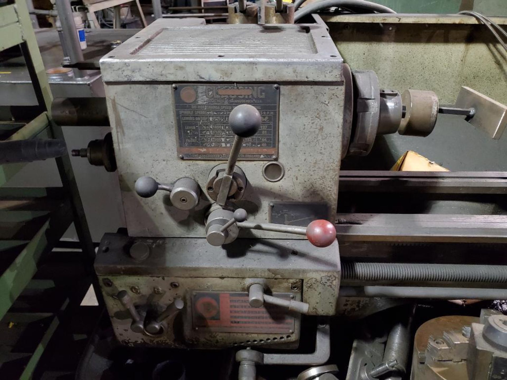 CLAUSING/COLCHESTER HORIZONTAL ENGINE LATHE, 48" BED, SPINDLE CHUCK W/ SPARE 9" 3-JAW CHUCK, TAILSTO - Image 5 of 13