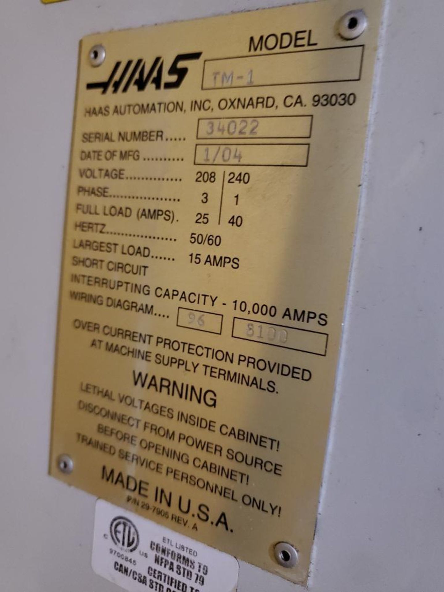 2004 HAAS TM-1 VERTICAL CNC TOOL ROOM MILL, S/N 34022, 40 TAPER SPINDLE, 10-STATION ATC TURRET, 48" - Image 7 of 18